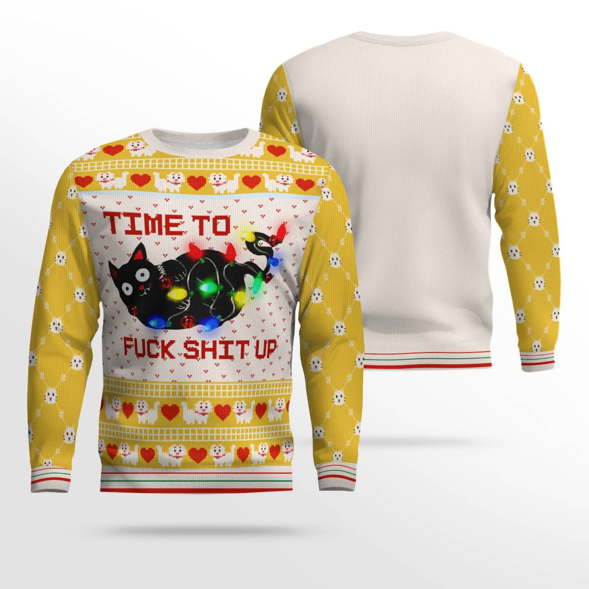 Time to Fuck Shit up Cat Ugly Christmas Sweater Gold Metallic