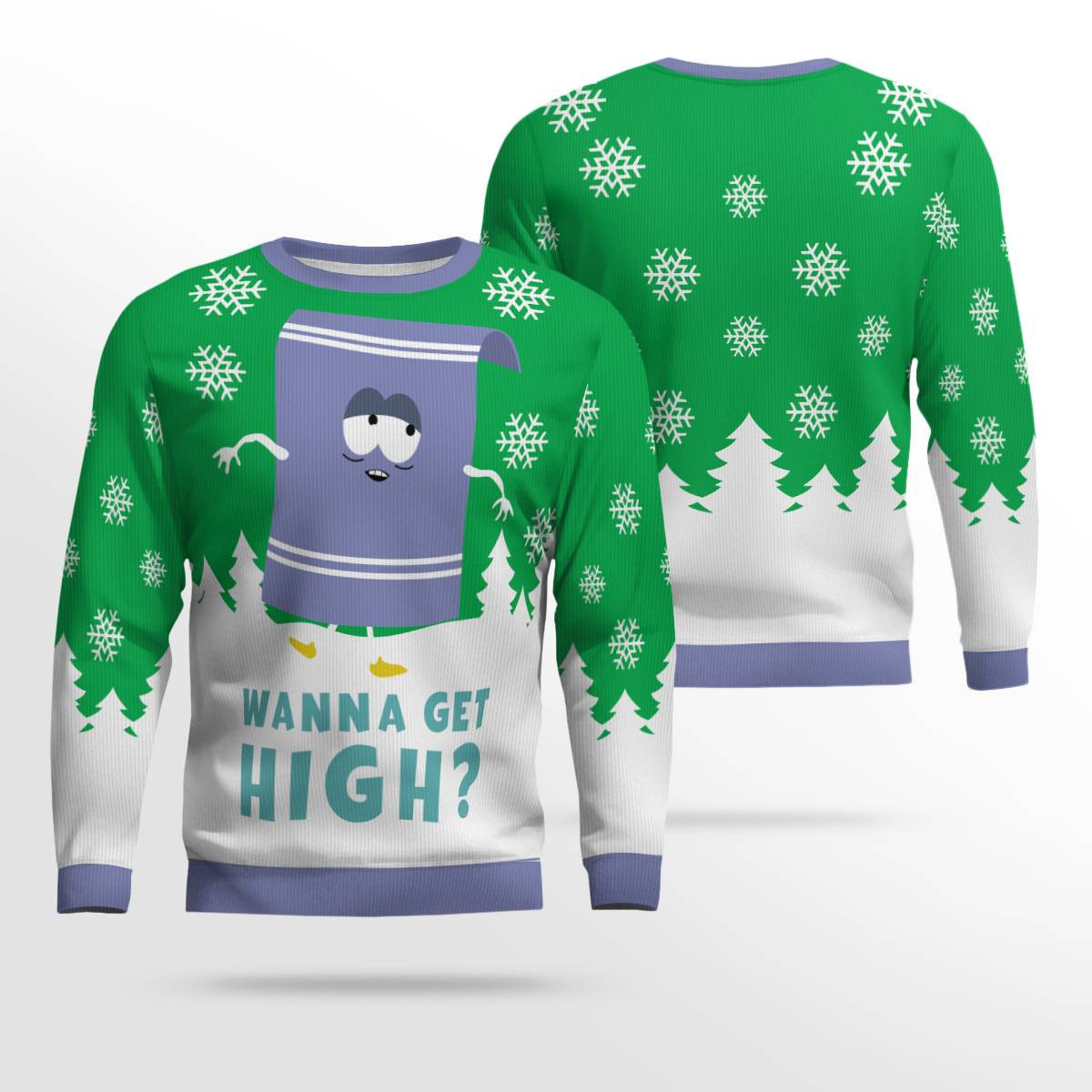 Towelie Red Eyes Wanna Get High Ugly Christmas Sweater Green
