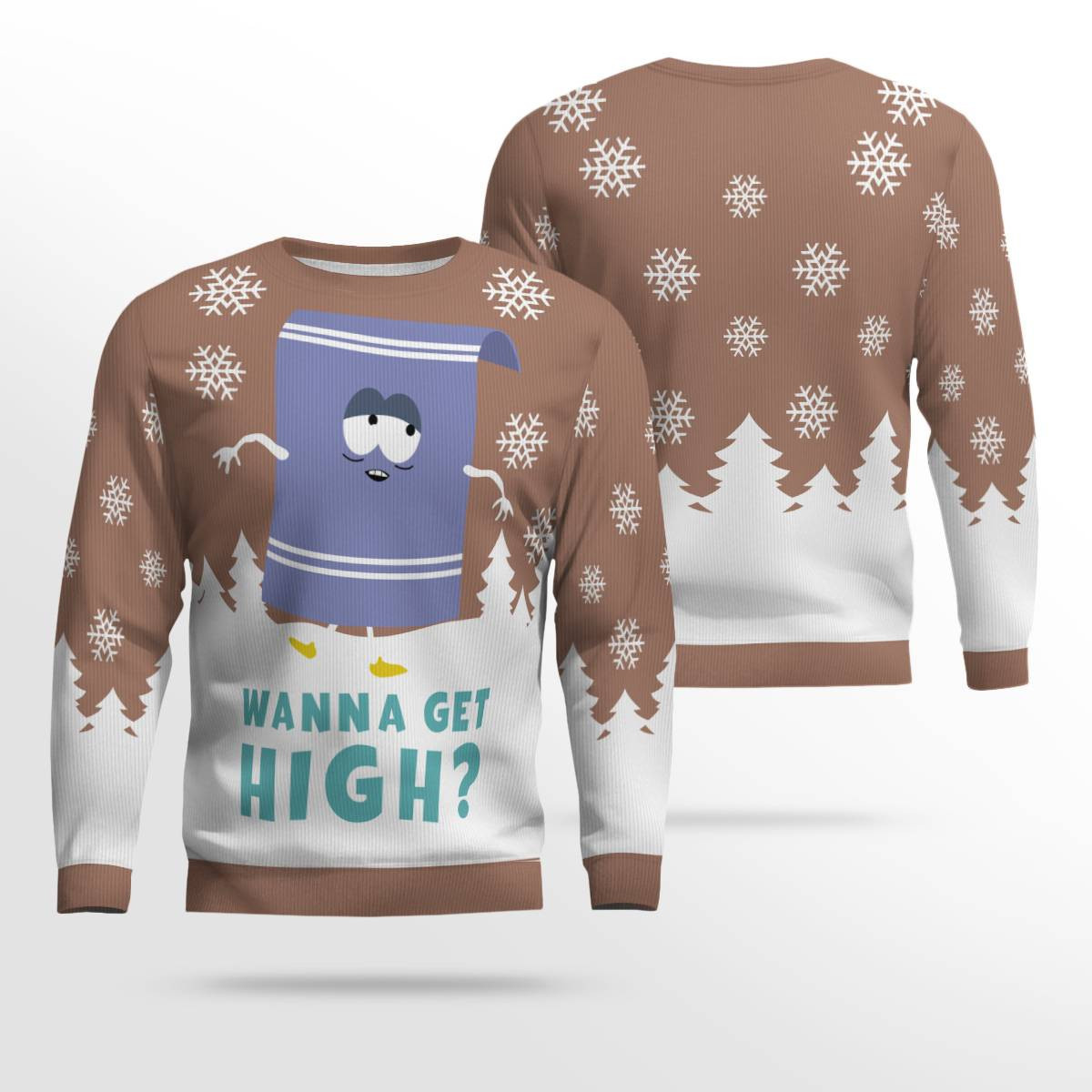 Towelie Red Eyes Wanna Get High Ugly Christmas Sweater Mocha Mousse