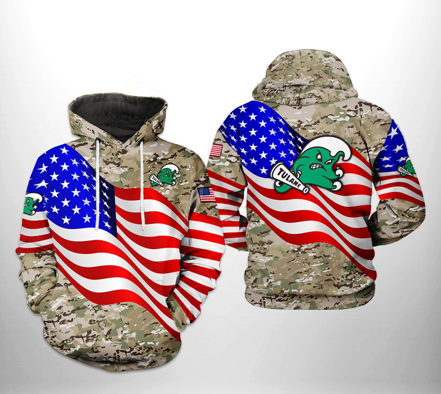 Tulane Green Wave NCAA US Flag Camo Veteran Hoodie Zip Hoodie