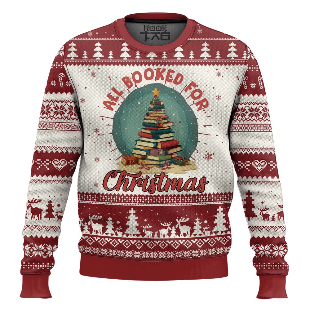 Xmas Book Lover Ugly Christmas Sweater All Booked For Christmas Tree Bookaholic TS09