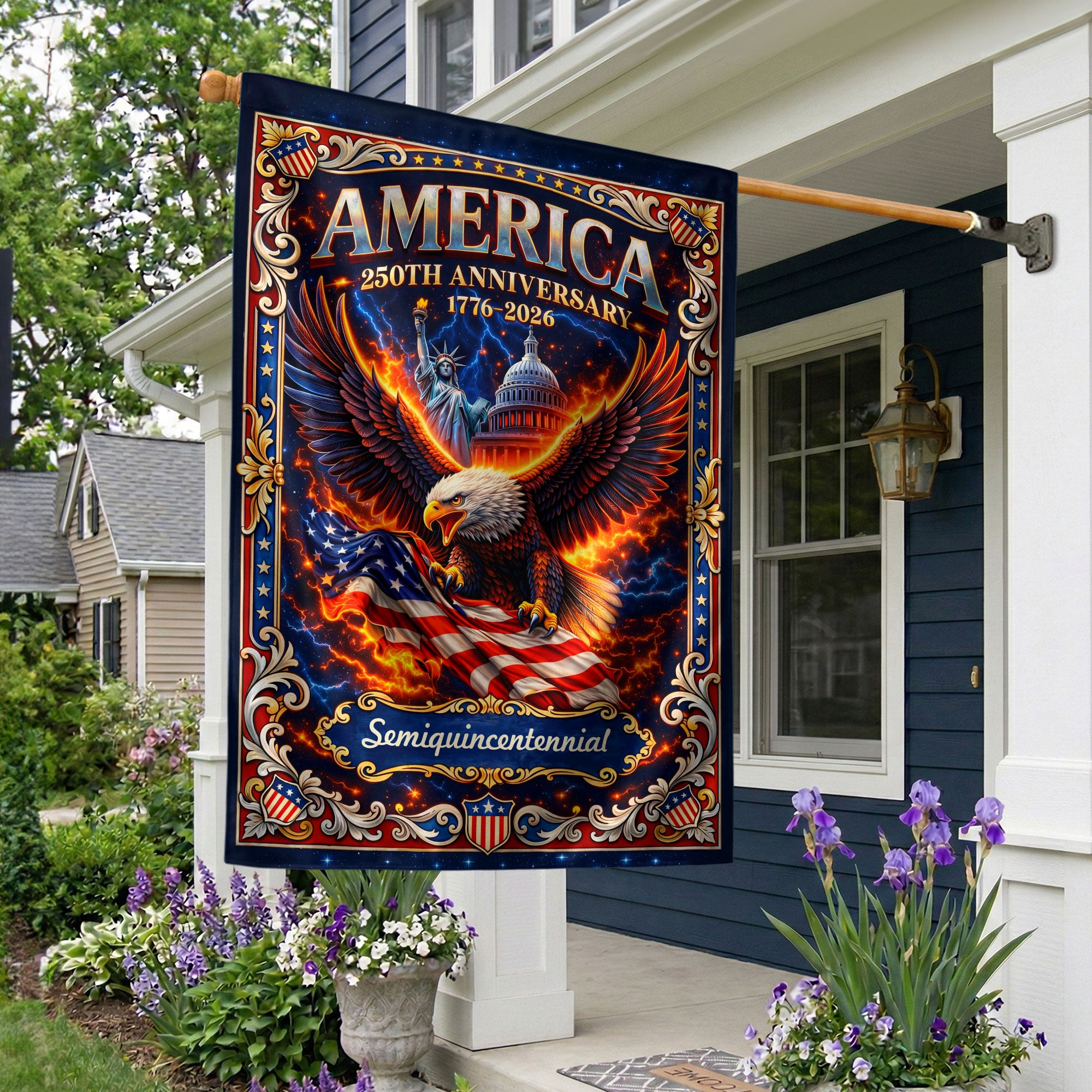 1776-2026 America 250th Anniversary Double Sided House Flag Bald Eagle US Capitol Statue of Liberty