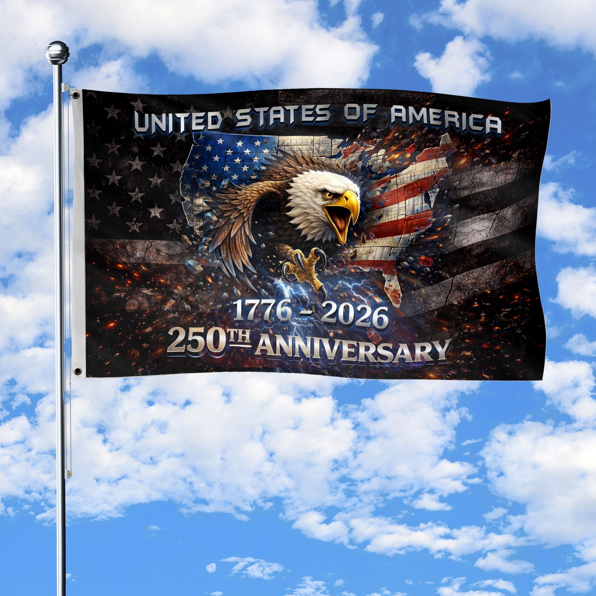1776-2026 USA 250th Anniversary House Flag Vintage Bootleg Eagle Lightning Double Sided