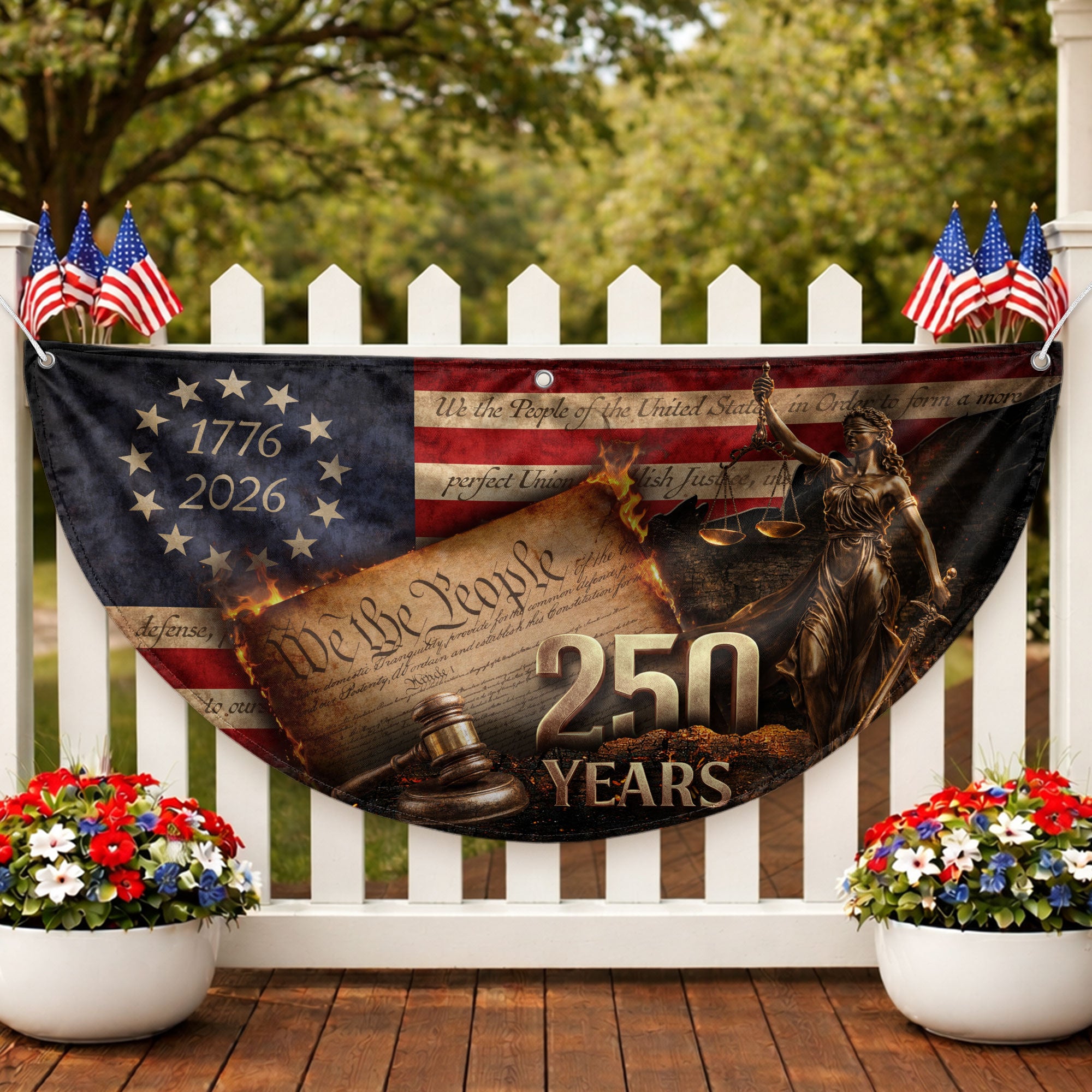 250 Years Lady Justice Fence Flag Patriotic 1776-2026 We The People Outdoor Banner