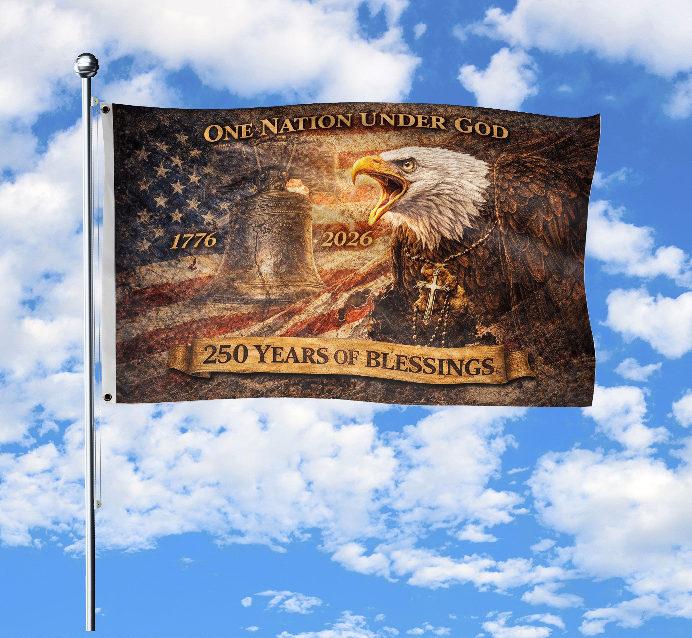 250 Years of Blessings USA Flag Double-Sided Banner with Patriotic Eagle and Liberty Bell 1776-2026