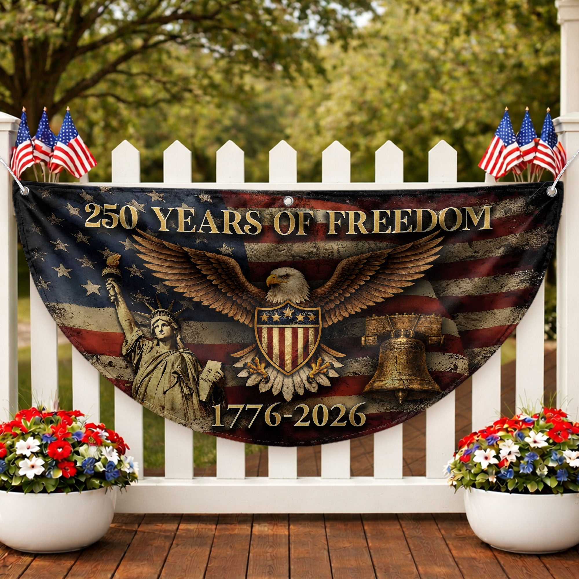 250 Years of Freedom Fence Flag 1776-2026 Patriotic Eagle Liberty Bell We The People Design