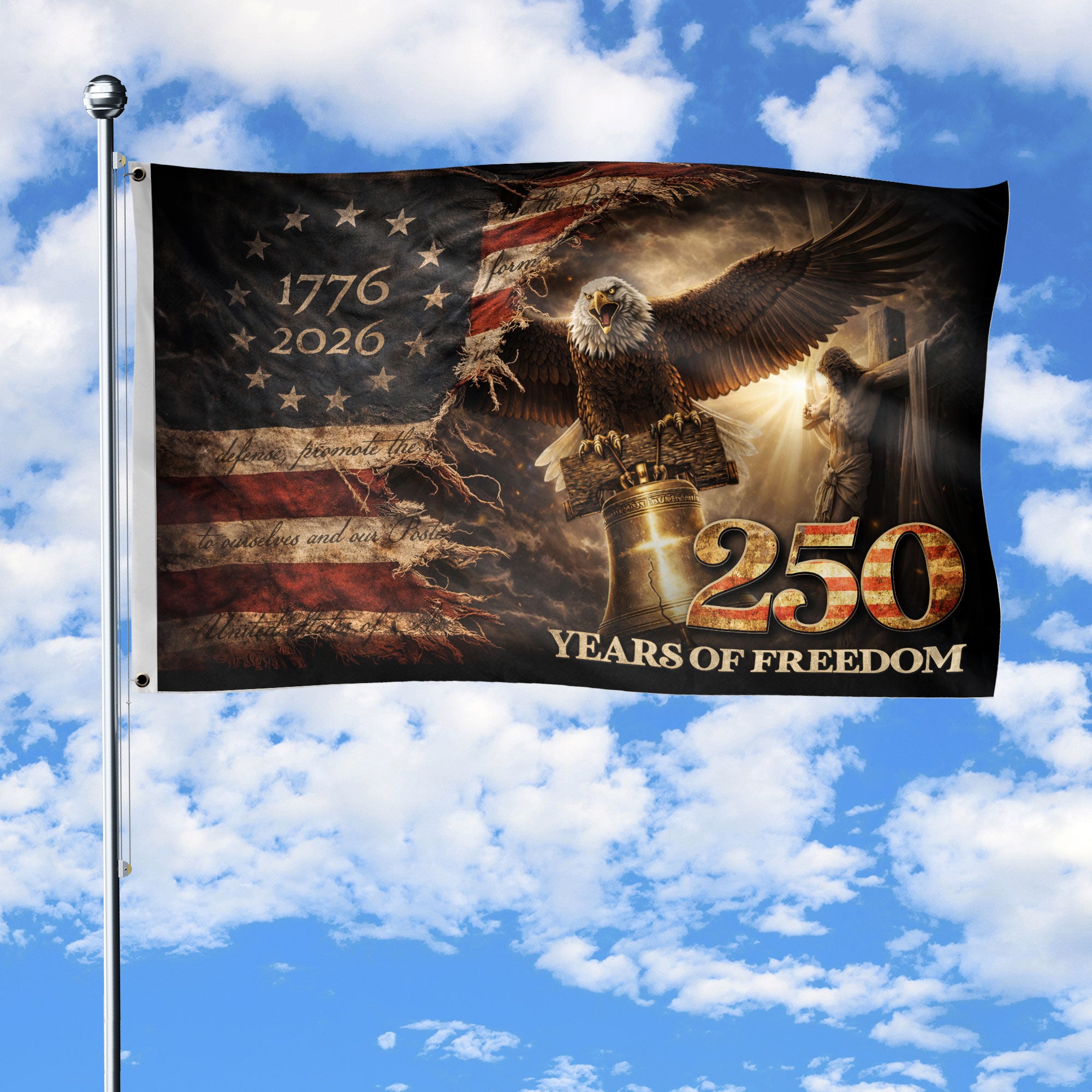 250 Years of Freedom House Flag 1776-2026 Patriotic Eagle Liberty Bell Design