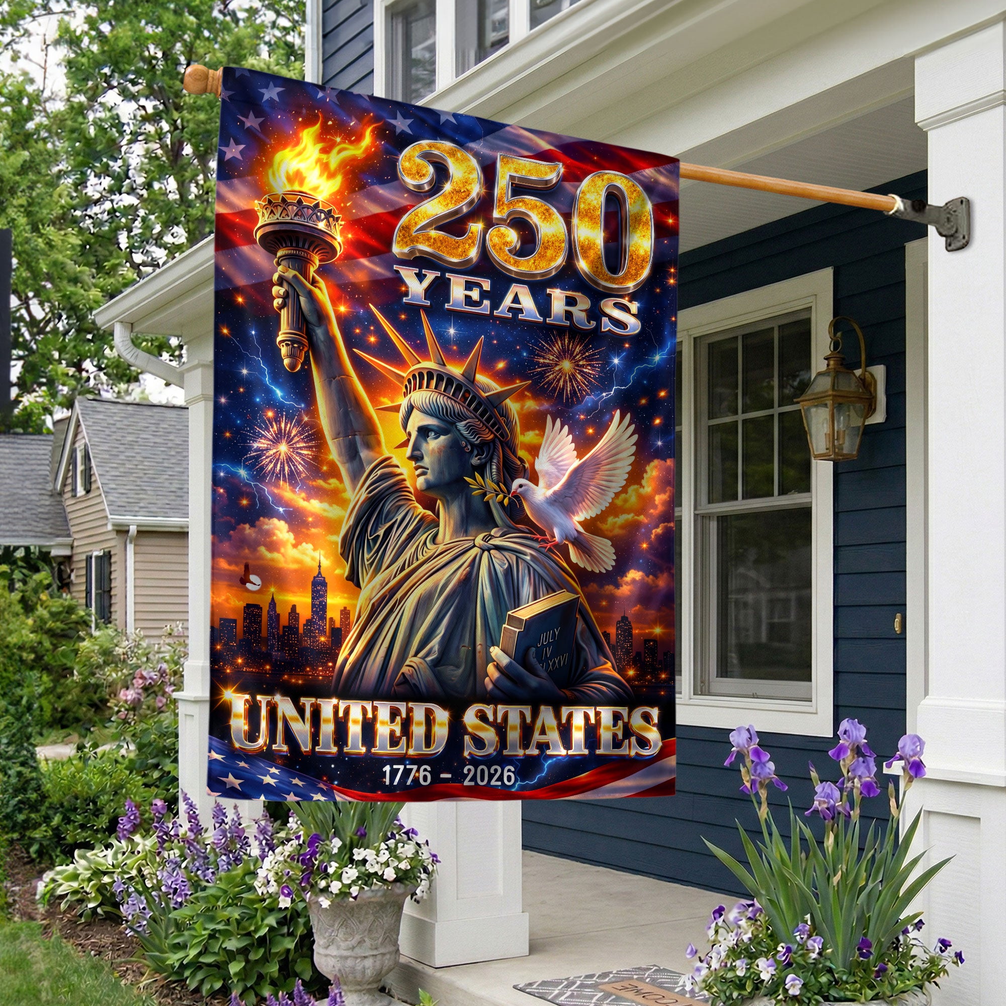 250 Years United States House Flag Statue of Liberty Patriotic 1776 2026 Banner