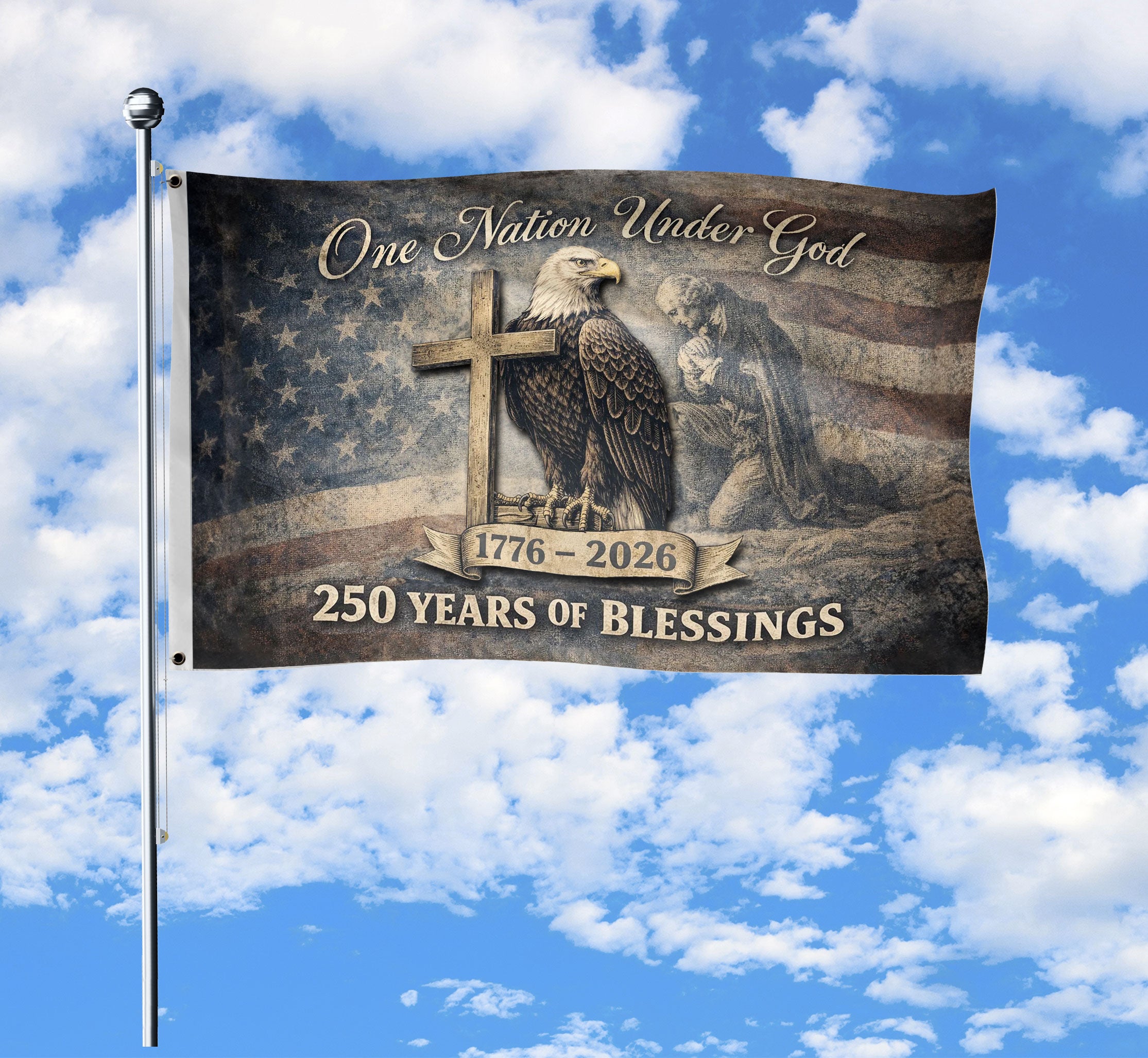 250th Anniversary Cross Eagle One Nation Under God USA Flag Double Sided House Flag