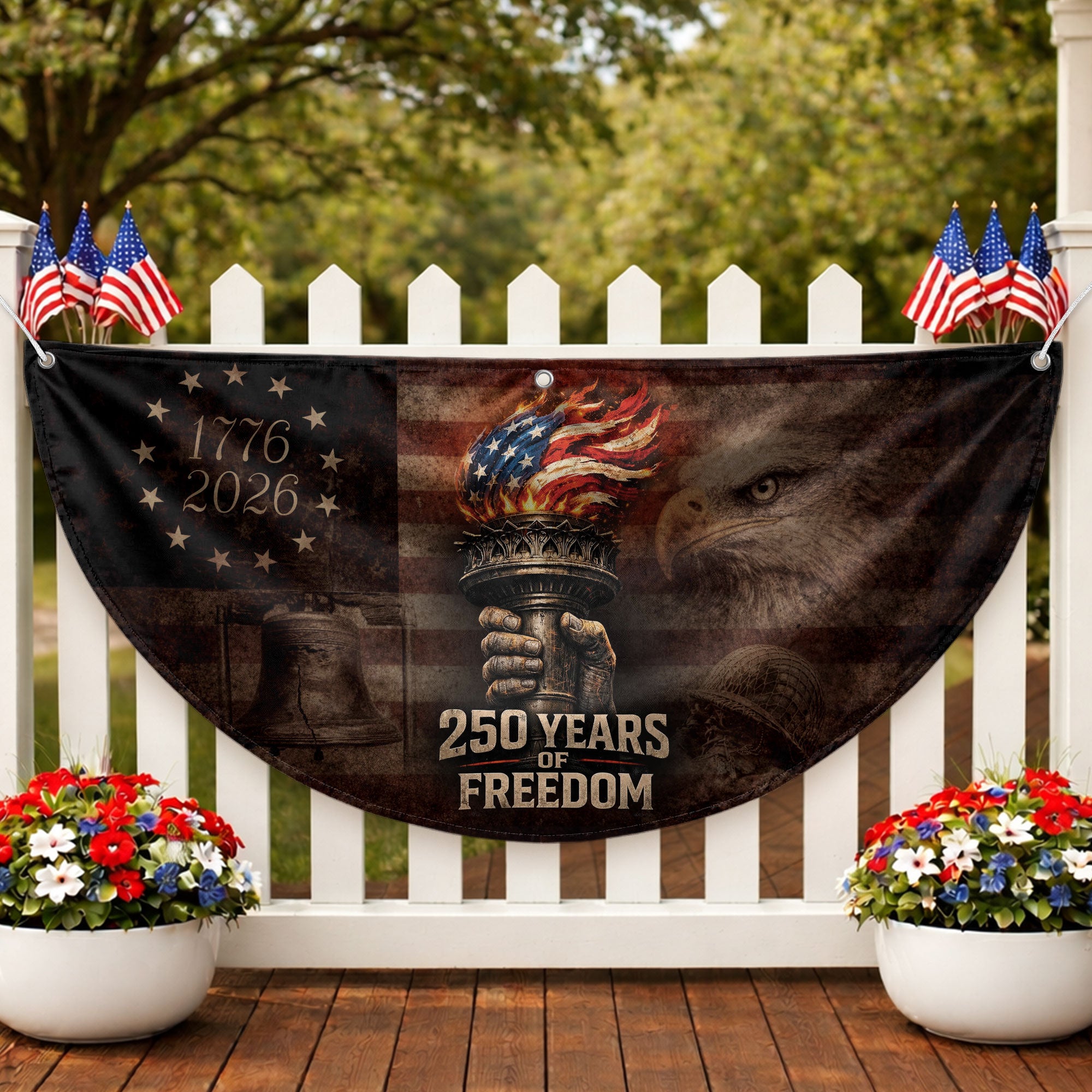 250th Anniversary Freedom Flag Fence Banner Liberty Torch Eagle Design 1776-2026