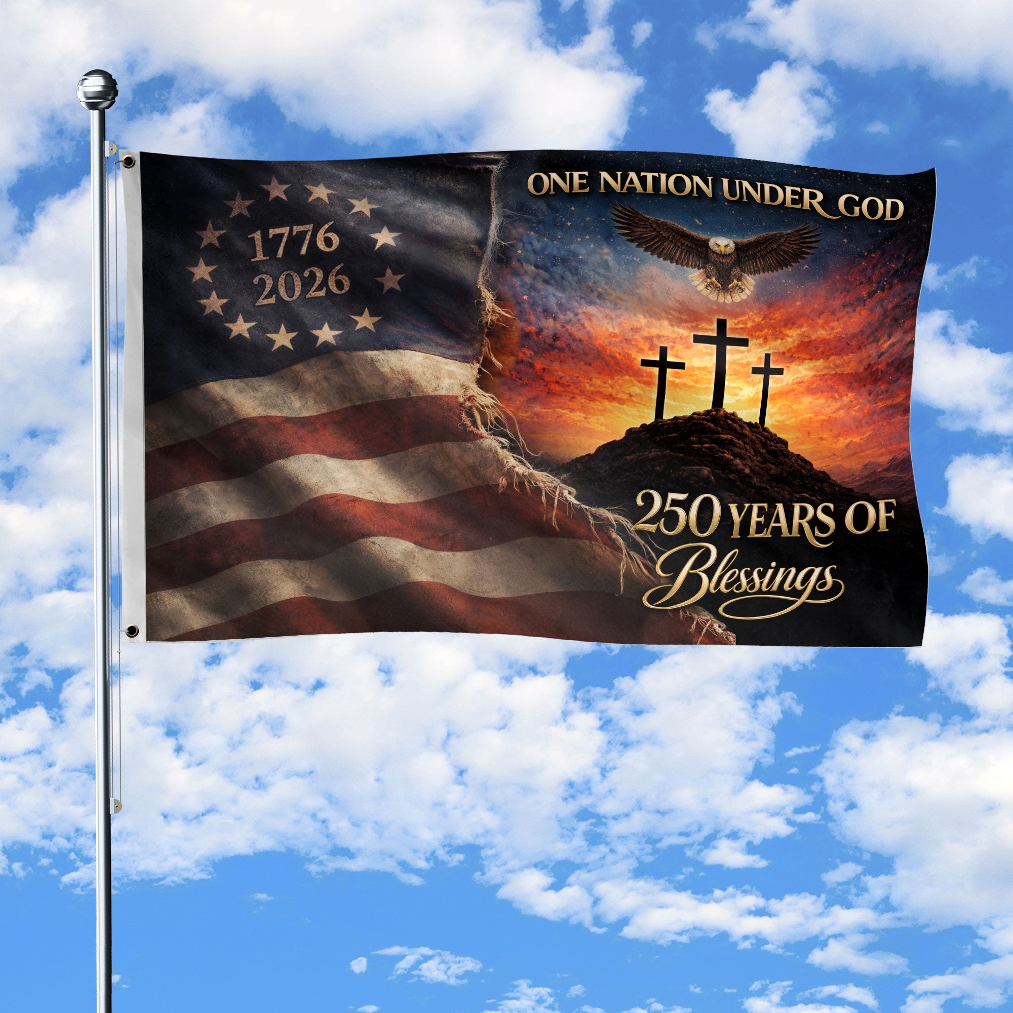 250th Anniversary USA Christian House Flag Three Crosses One Nation Under God