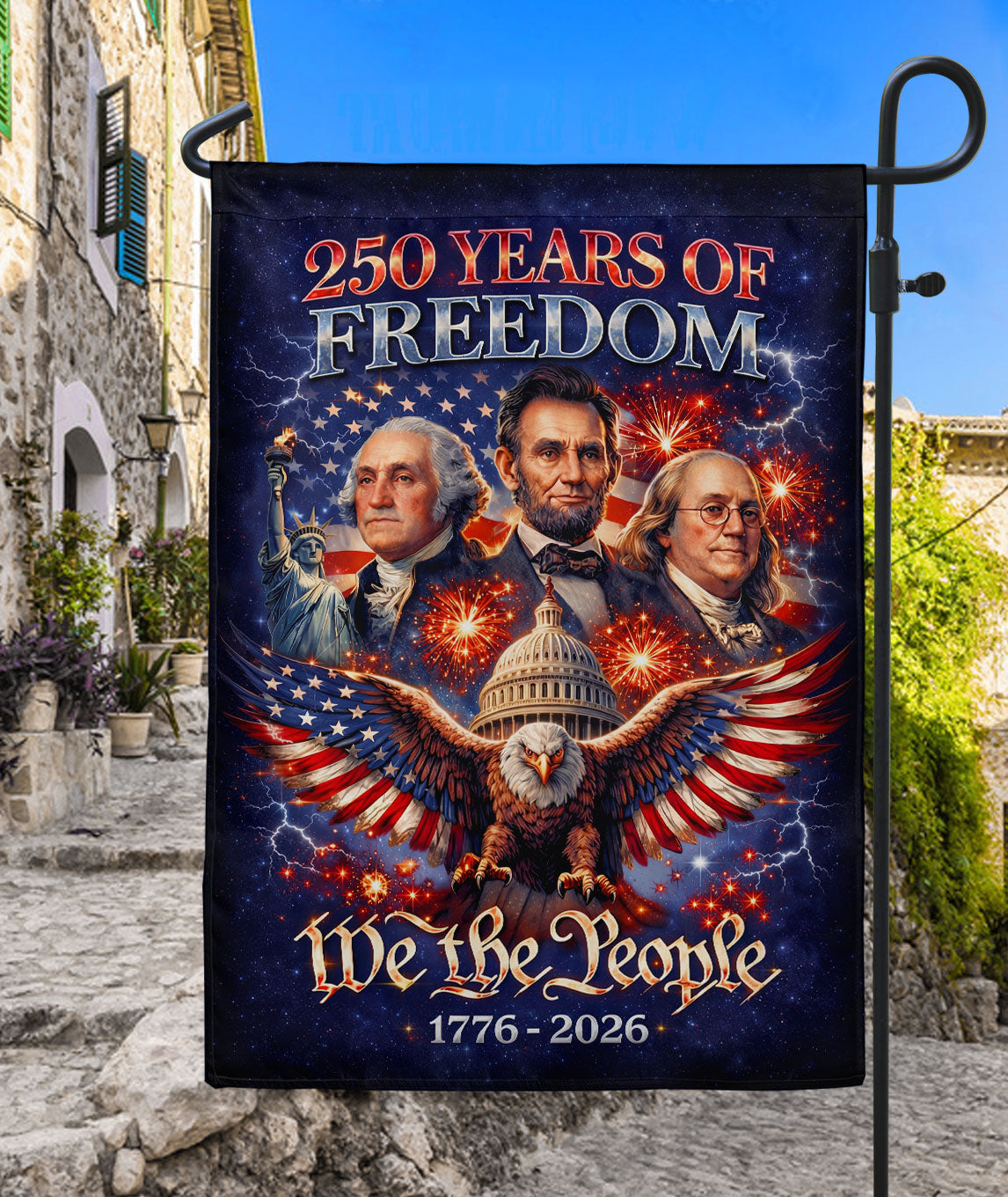 America 250 Years of Freedom 1776-2026 Garden Flag Double Sided Washington Lincoln Franklin Banner