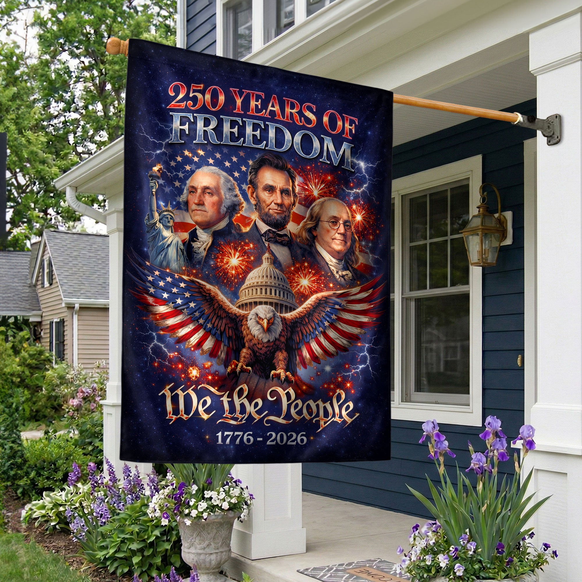 America 250 Years of Freedom 1776-2026 House Flag with Washington Lincoln Franklin Double Sided