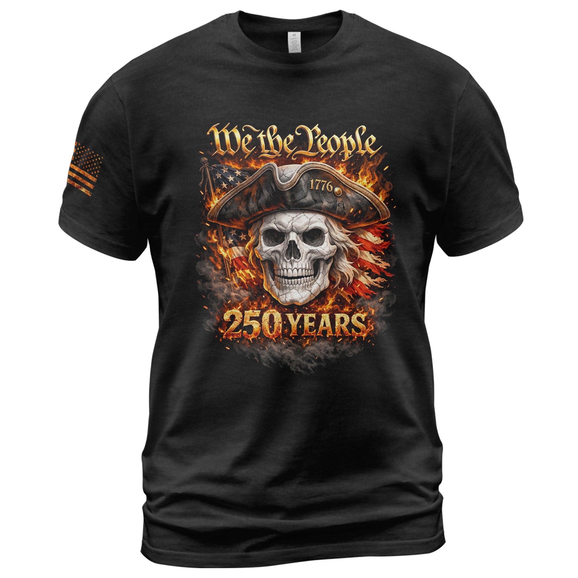 America 250 Years Patriotic Skull T-Shirt 1776-2026 We The People Flaming Flag Tee