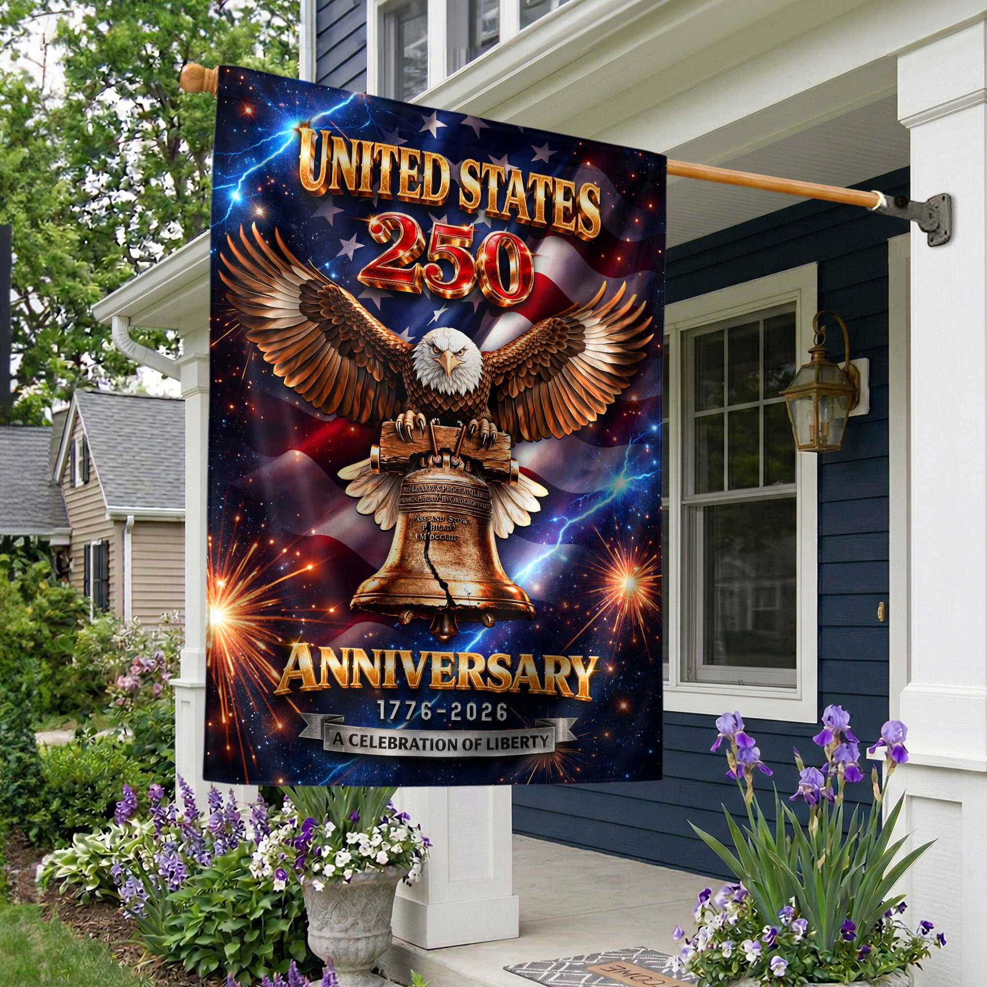 America 250th Anniversary 1776-2026 Double Sided House Flag Liberty Bell Bald Eagle Fireworks