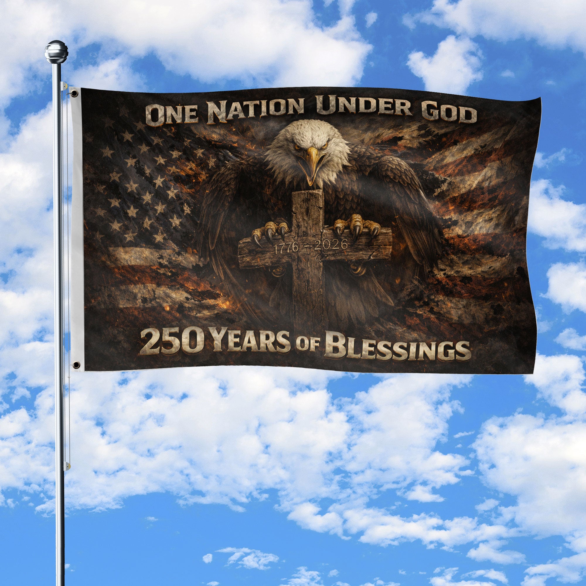 America 250th Anniversary Double-Sided Flag 1776-2026 Bald Eagle Cross One Nation Under God Banner