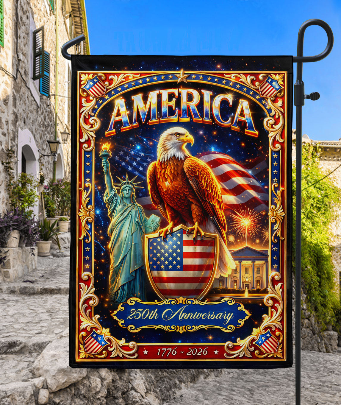 America 250th Anniversary Garden Flag with Eagle Statue of Liberty Patriotic 1776-2026 Design