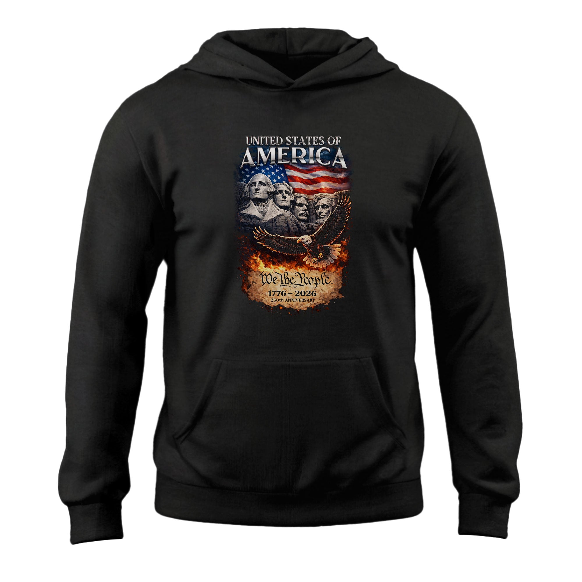 America 250th Anniversary Hoodie 1776-2026 90s Vintage Mount Rushmore Eagle We The People Fire Graphic