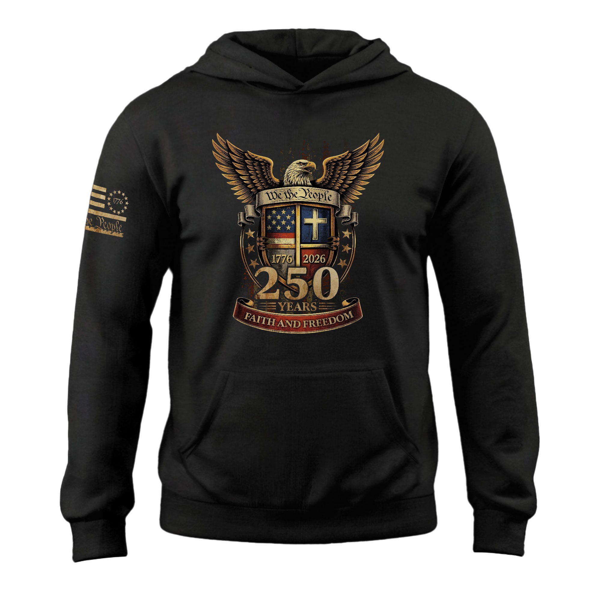 America 250th Anniversary Hoodie 1776-2026 Patriotic Cross Shield Flag