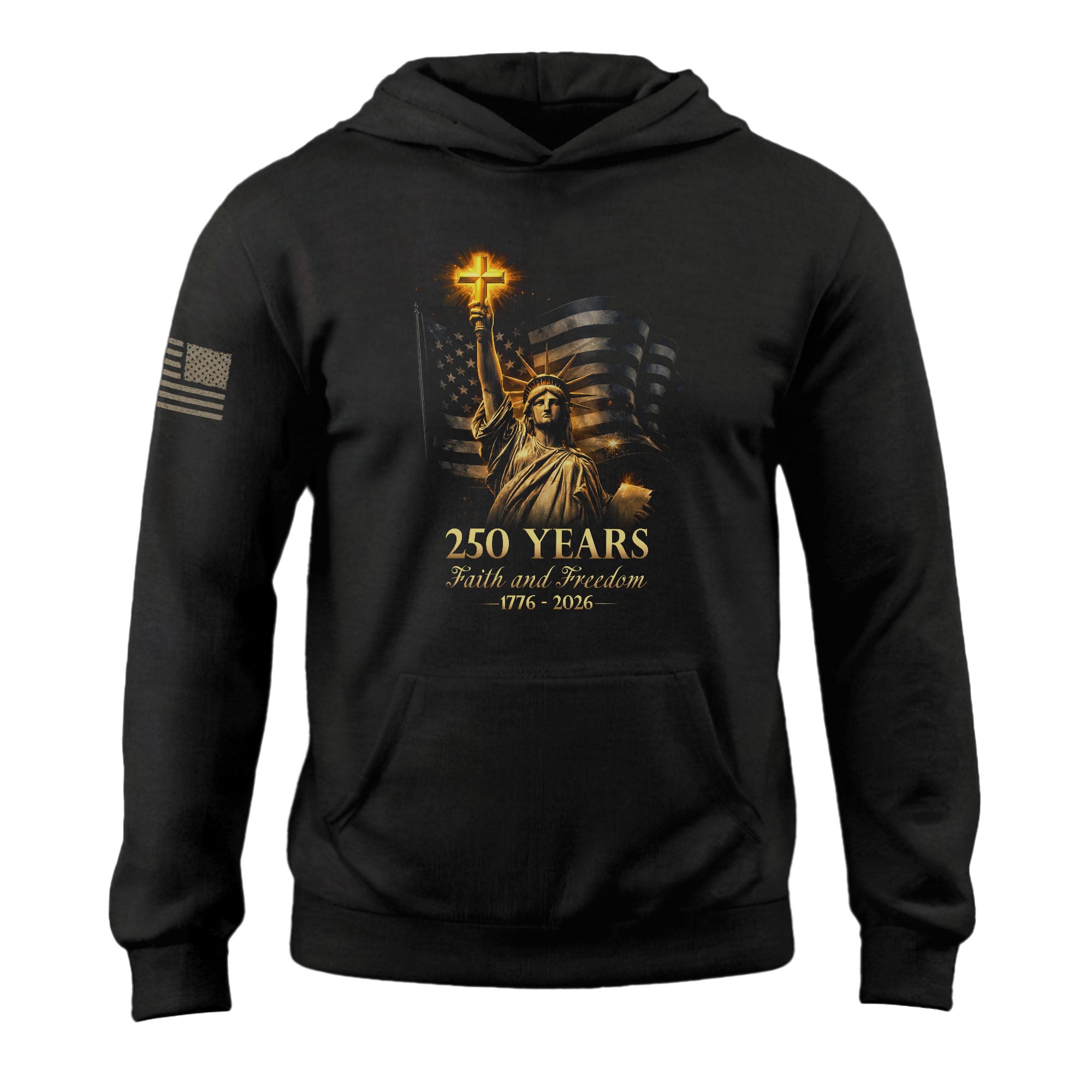 America 250th Anniversary Men's Hoodie 1776-2026 Statue of Liberty Christian Cross Faith Freedom