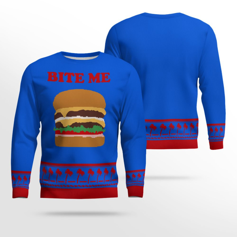 Burger Bite Me Sticker 1970 Ugly Christmas Sweater Blue