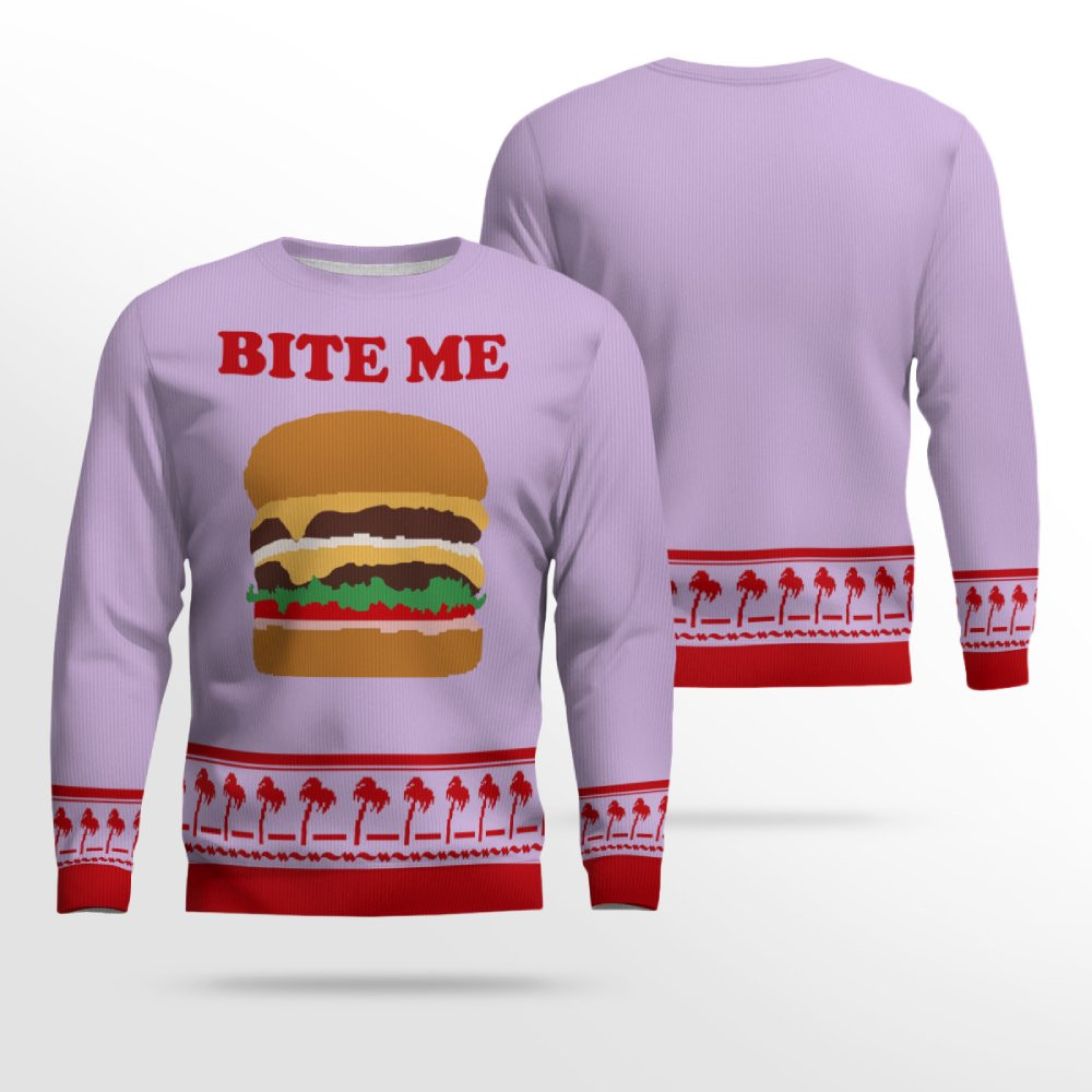 Burger Bite Me Sticker 1970 Ugly Christmas Sweater Dreamy Lavender