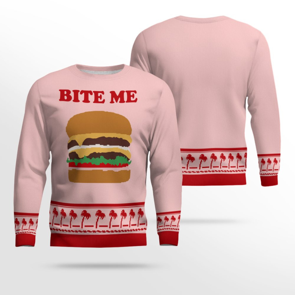 Burger Bite Me Sticker 1970 Ugly Christmas Sweater Powder Pink