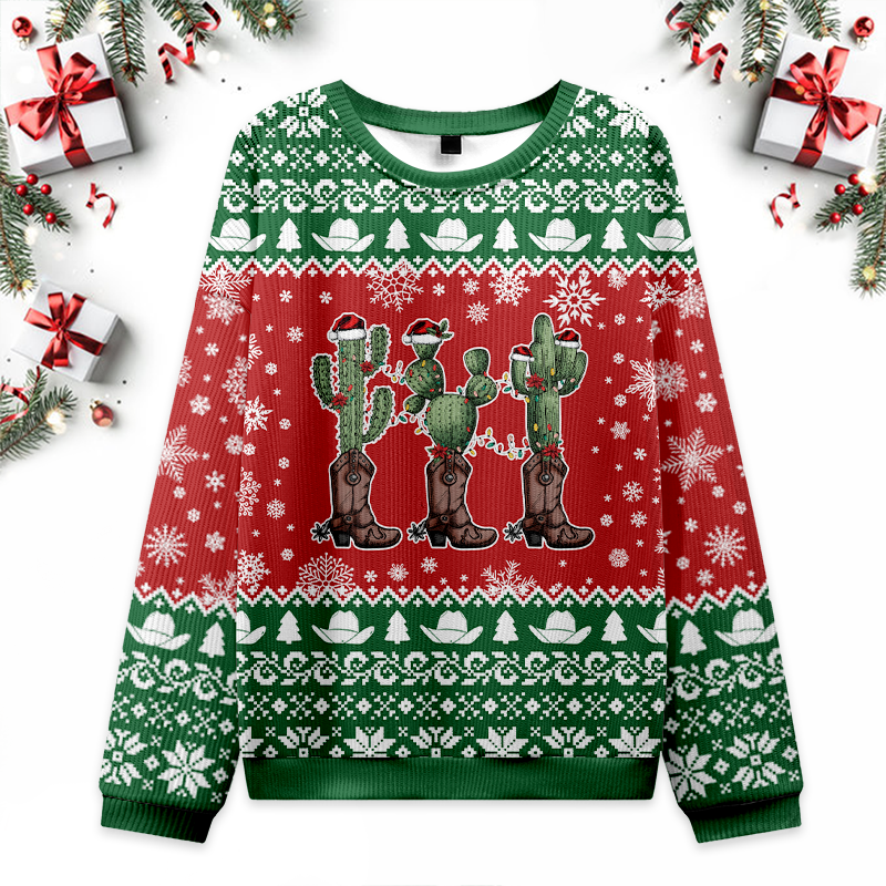 Cactus Wearing Cowboy Boots Ugly Christmas Sweater