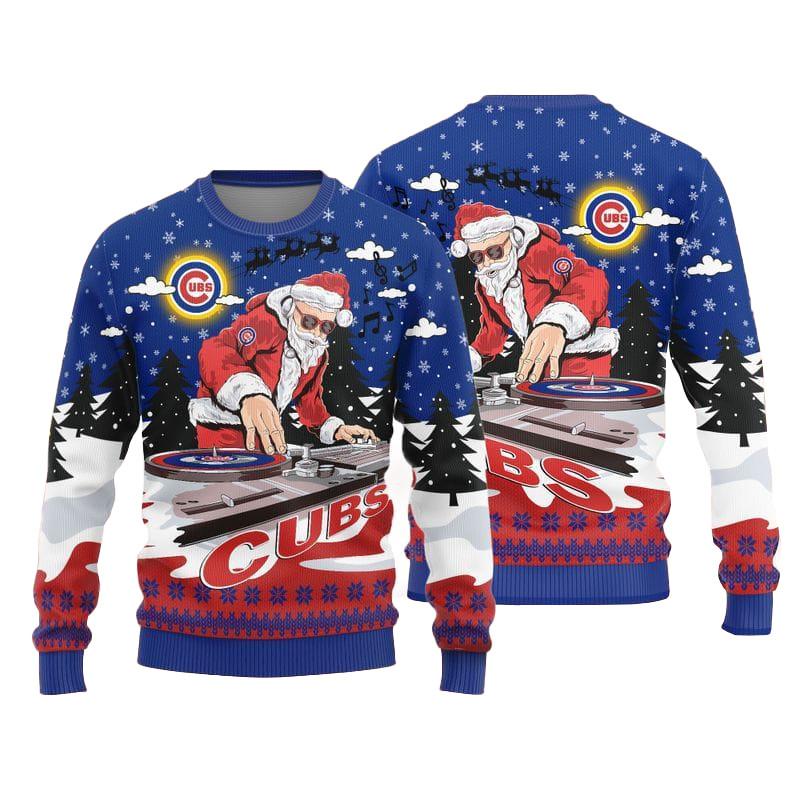 Chicago Cubs Logo Knitted Funny DJ Santa Ugly Christmas Sweater