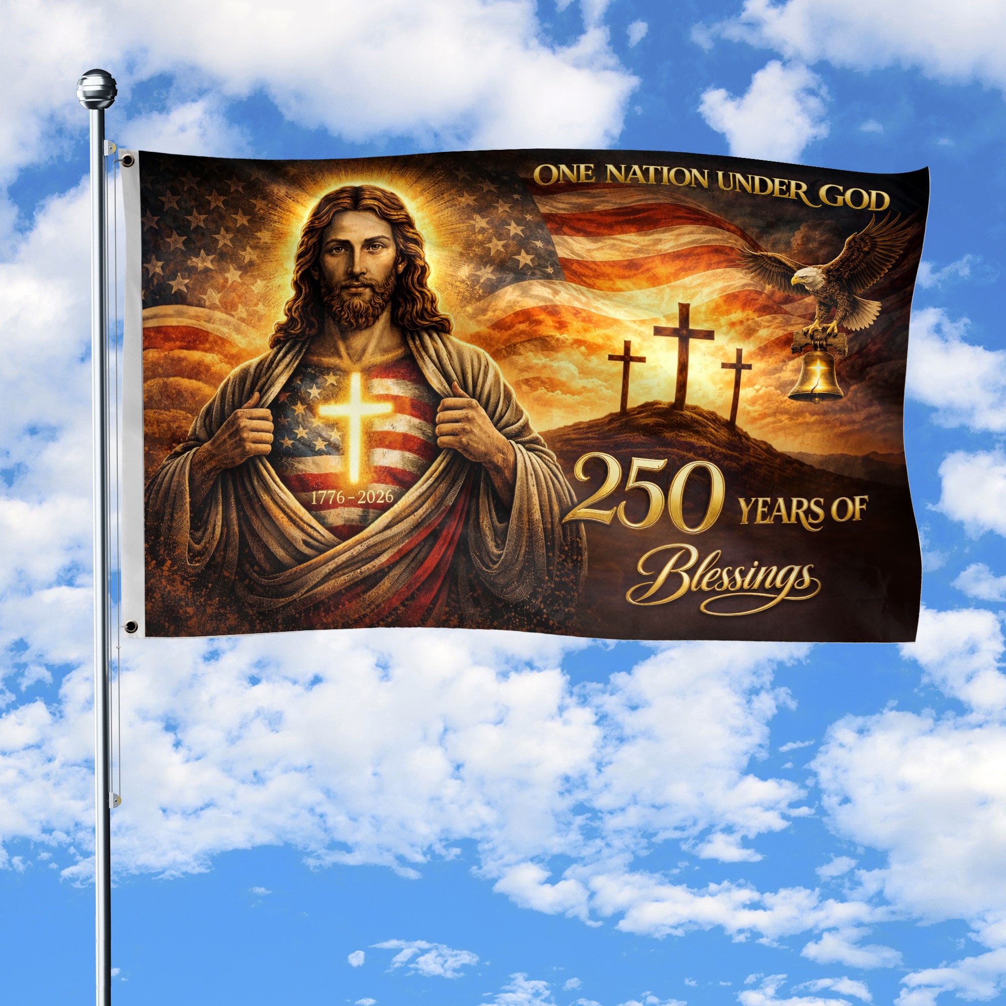 Christian American Heritage 250th Anniversary Flag Jesus Eagle Liberty Bell Crosses 3x5 ft Outdoor Banner