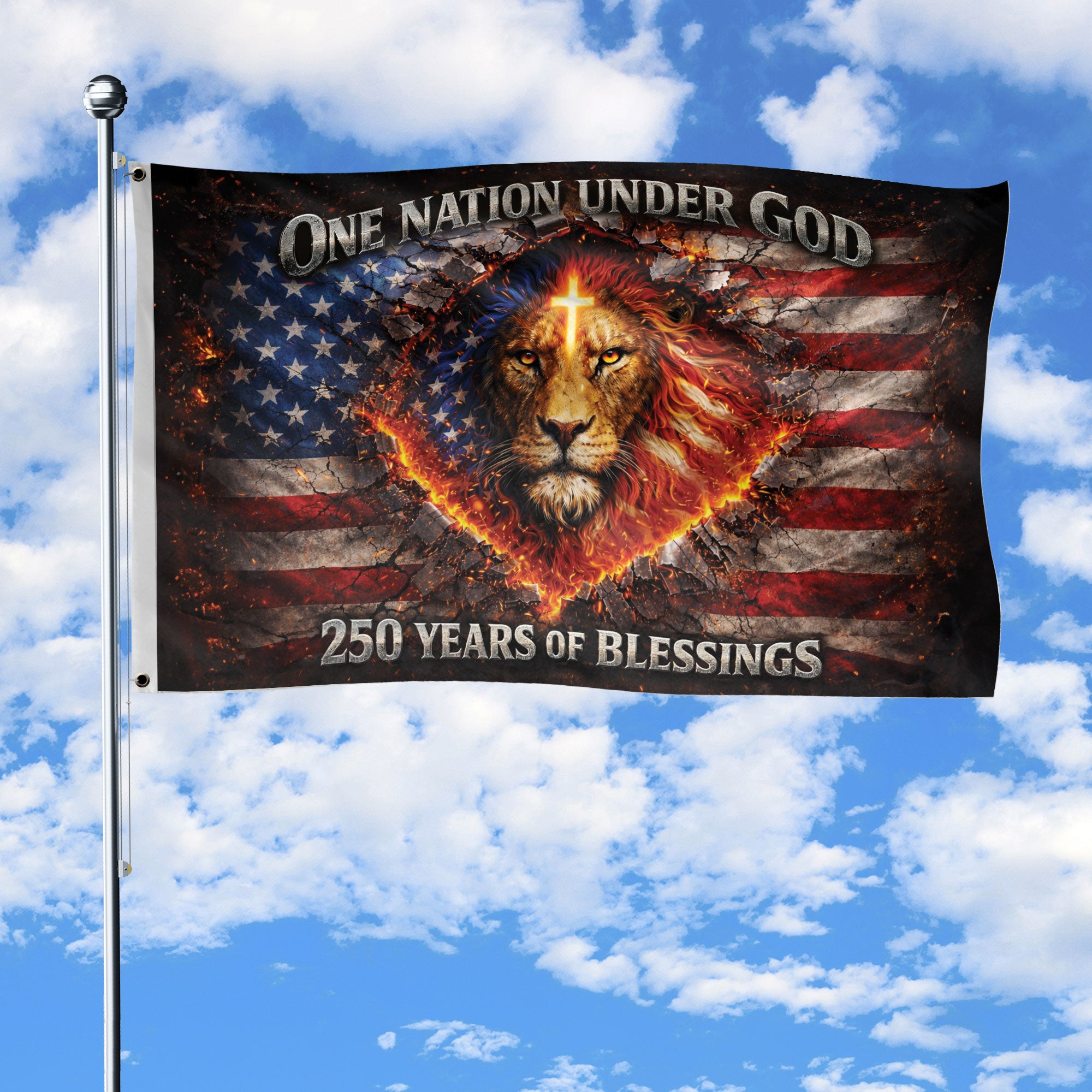 Christian Lion Cross Patriotic House Flag One Nation Under God 250th USA Anniversary 1776-2026