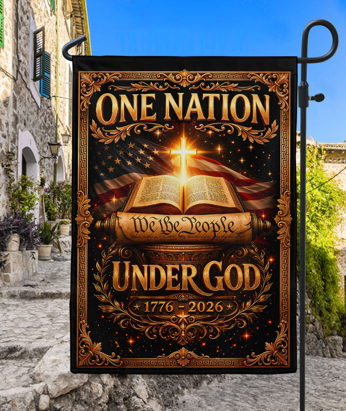 Christian One Nation Under God 250th Anniversary USA Garden Flag 1776-2026 Bible Cross We The People