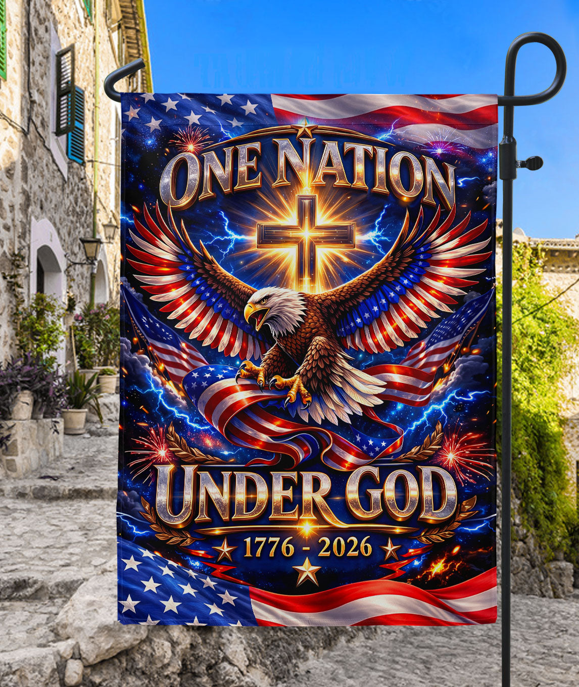 Christian One Nation Under God 250th Anniversary USA Garden Flag 1776-2026 Eagle Cross Patriotic Design