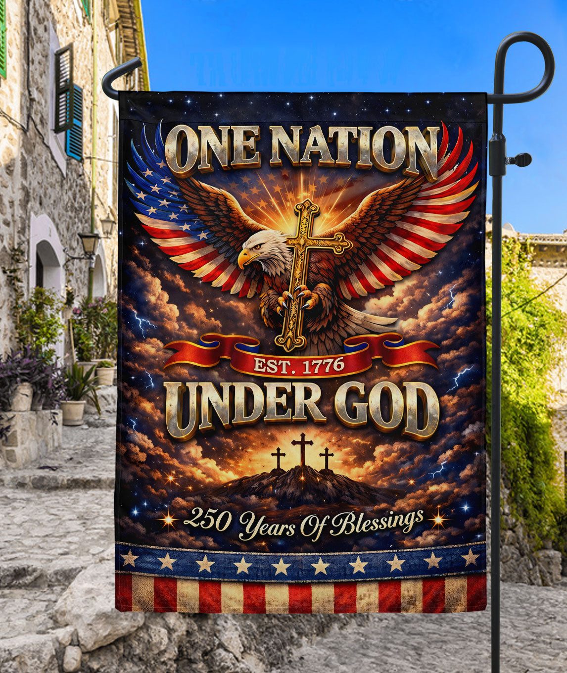 Christian One Nation Under God 250th USA Anniversary Garden Flag 1776-2026 Eagle Cross