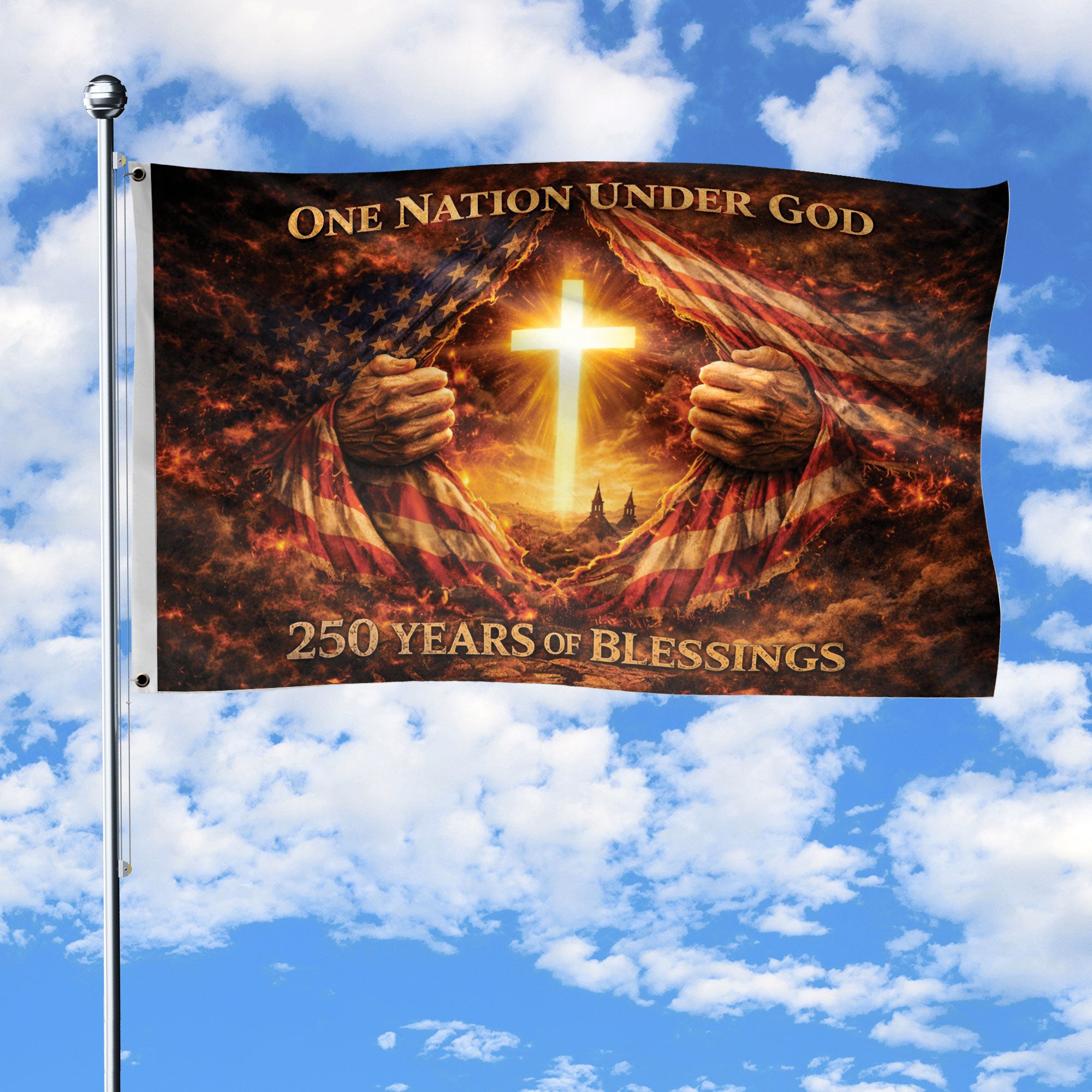 Christian One Nation Under God House Flag USA 250th Anniversary 1776-2026 Patriotic Cross Design