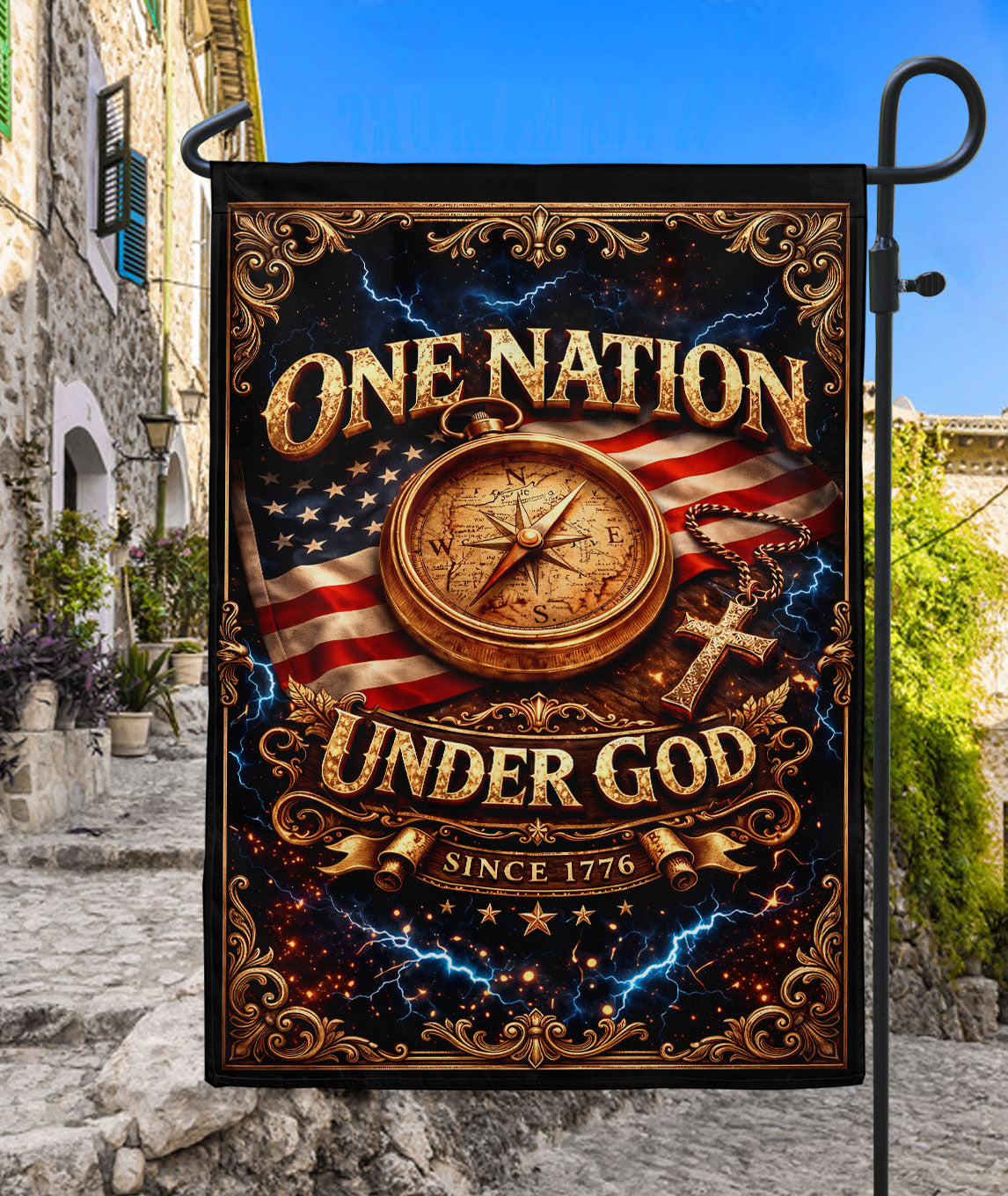 Christian One Nation Under God Since 1776 250th Anniversary USA Garden Flag with Compass Cross Design