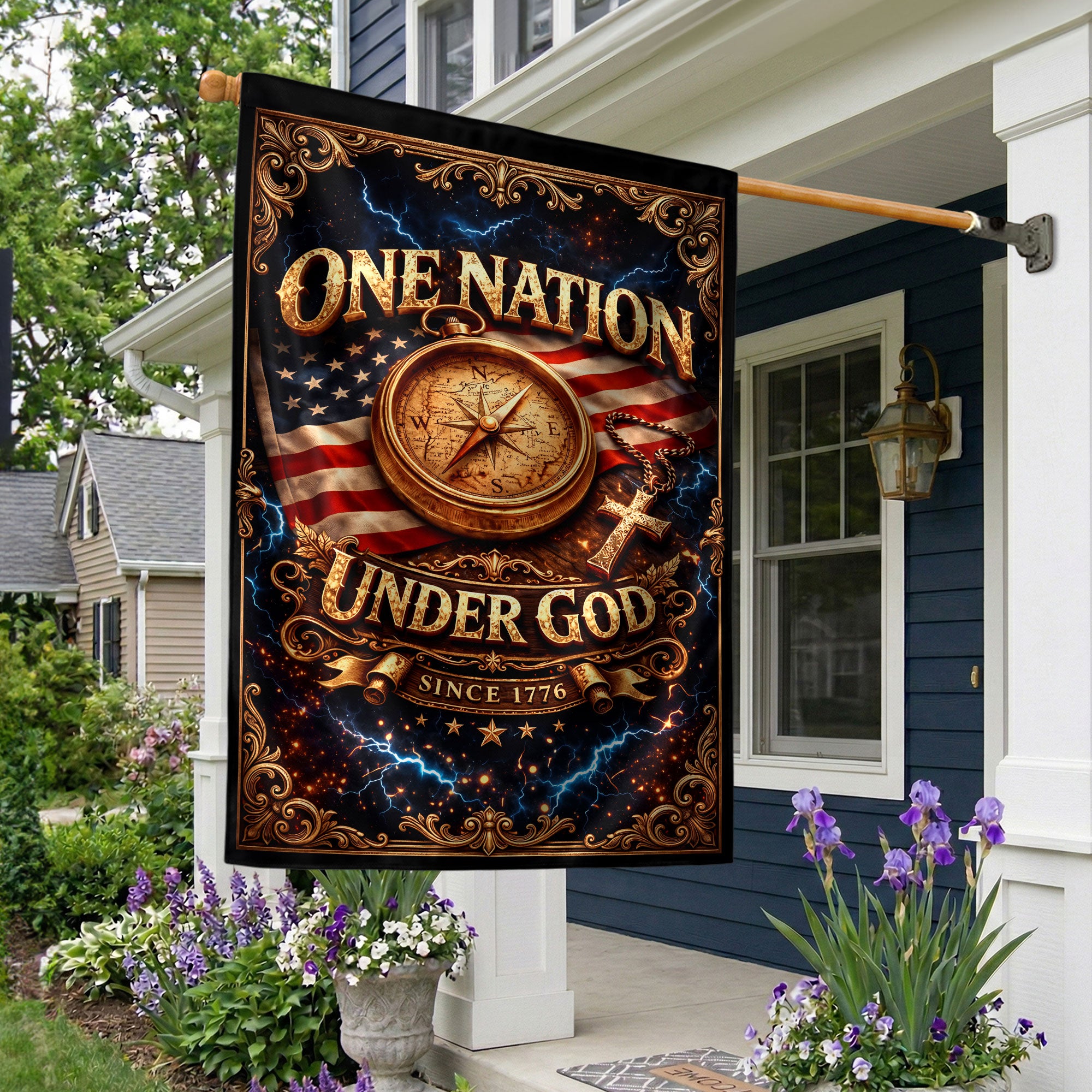 Christian One Nation Under God Since 1776 250th Anniversary USA House Flag with Compass Cross Design