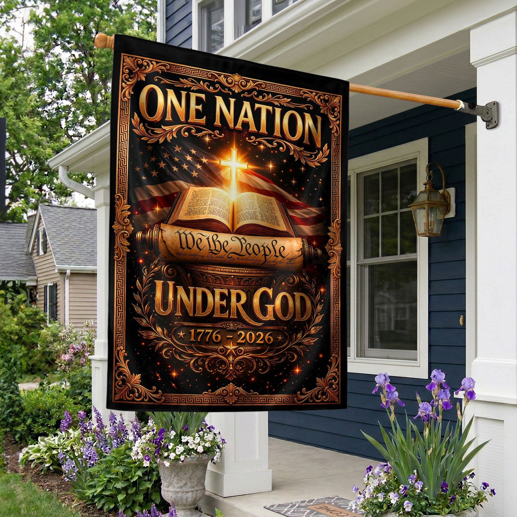 Christian One Nation Under God We The People 250th Anniversary USA House Flag 1776-2026 Bible Cross Patriotic Banner