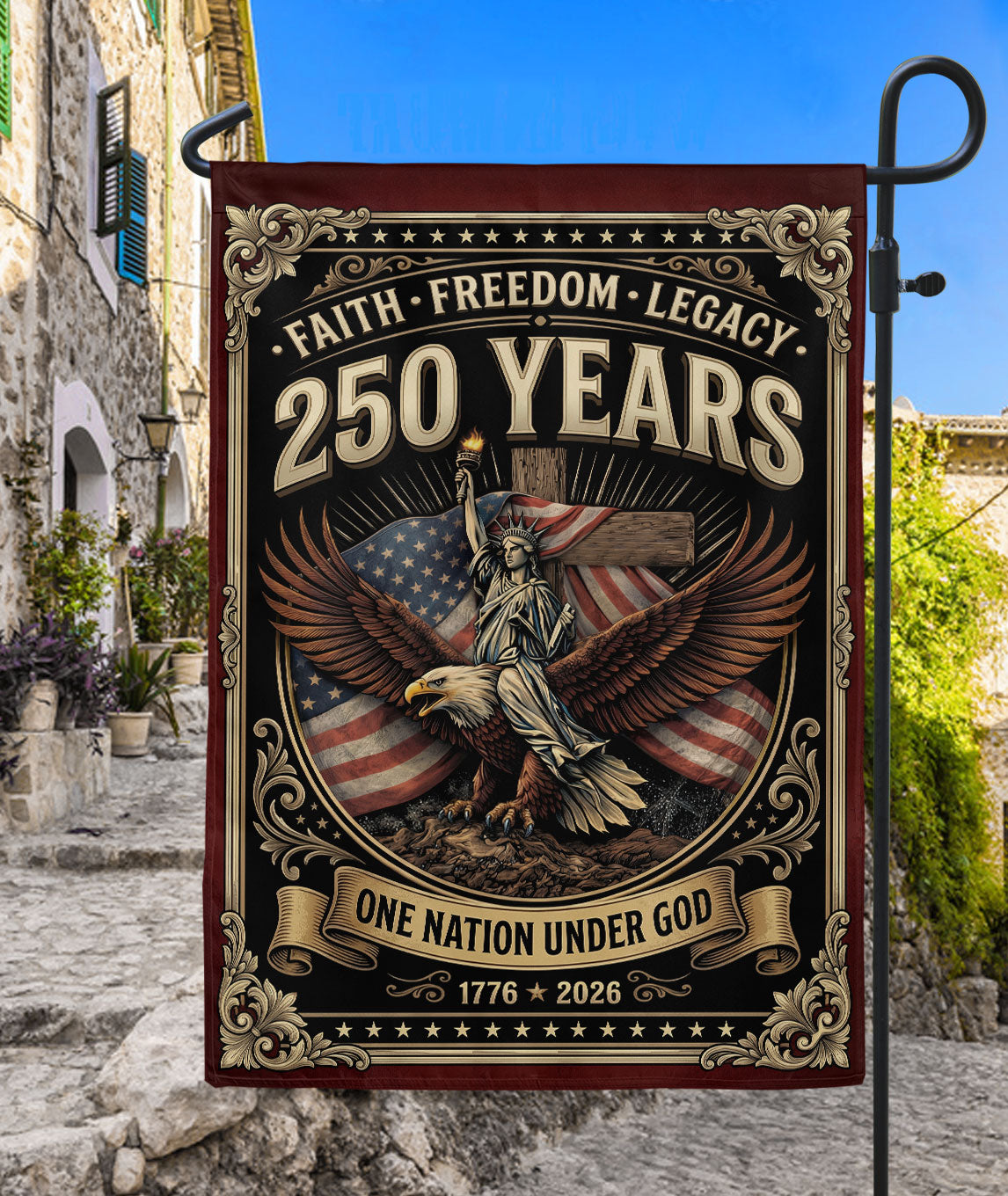 Christian Patriotic Garden Flag One Nation Under God Cross We The People Faith Freedom 250 Years USA