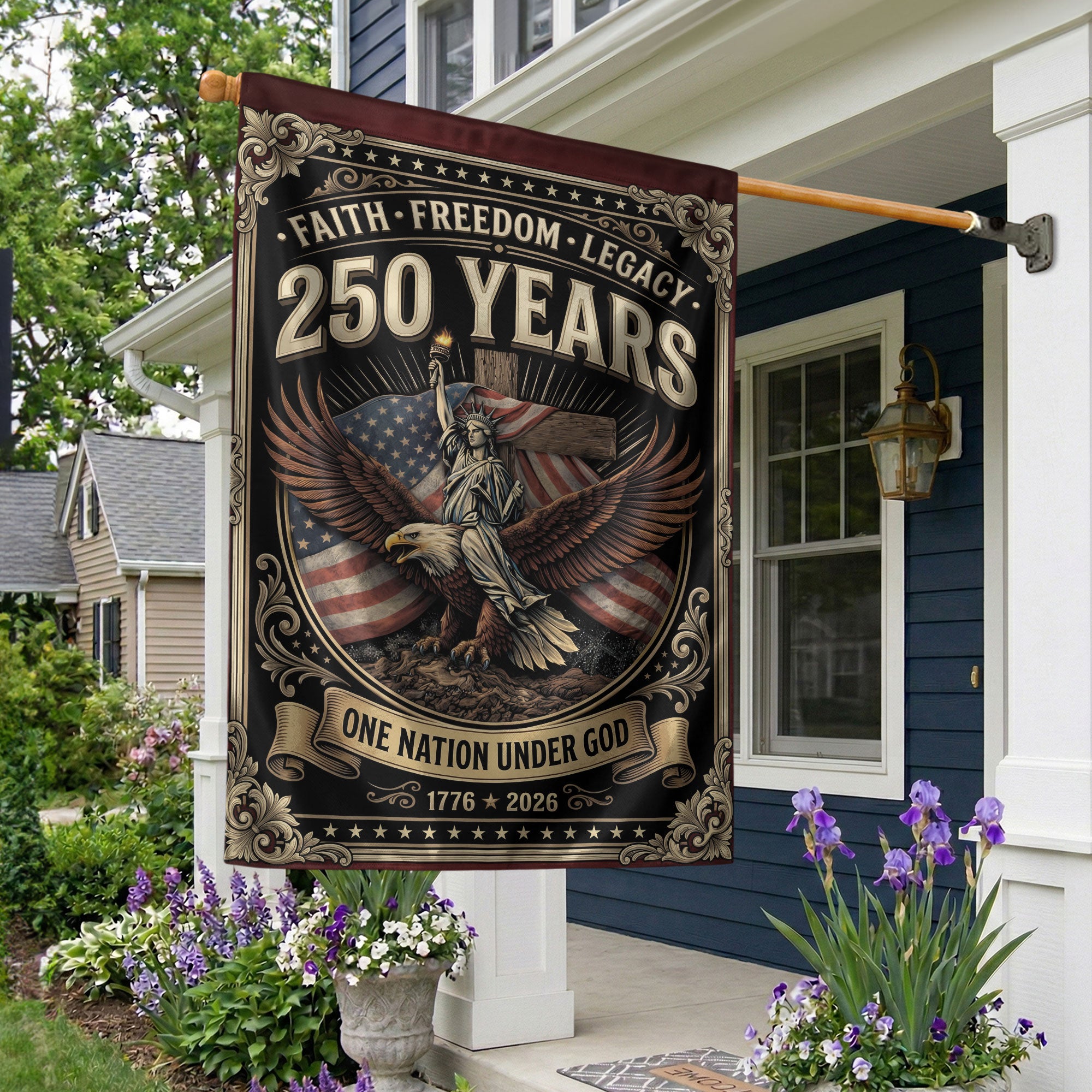 Christian Patriotic House Flag One Nation Under God Cross We The People Faith Freedom 250 Years USA