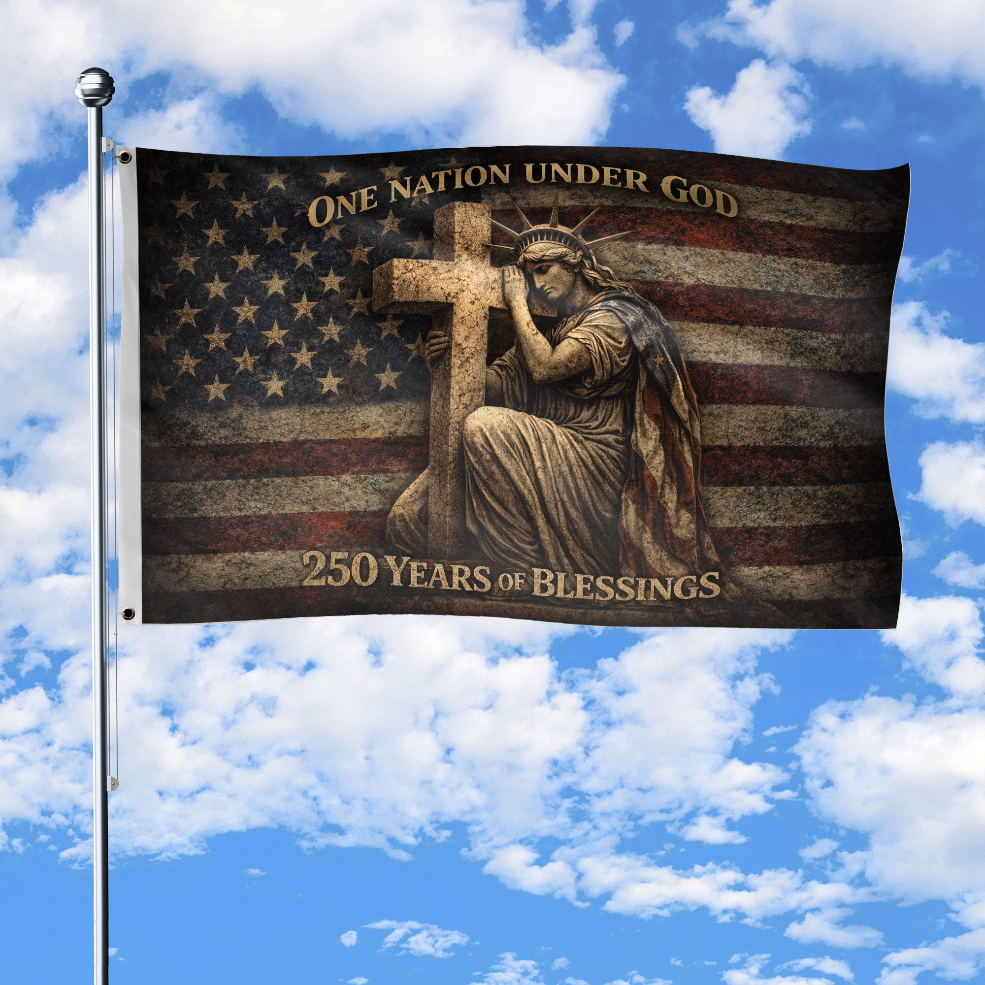 Christian Patriotic House Flag One Nation Under God USA 250th Anniversary 1776-2026 Cross Design
