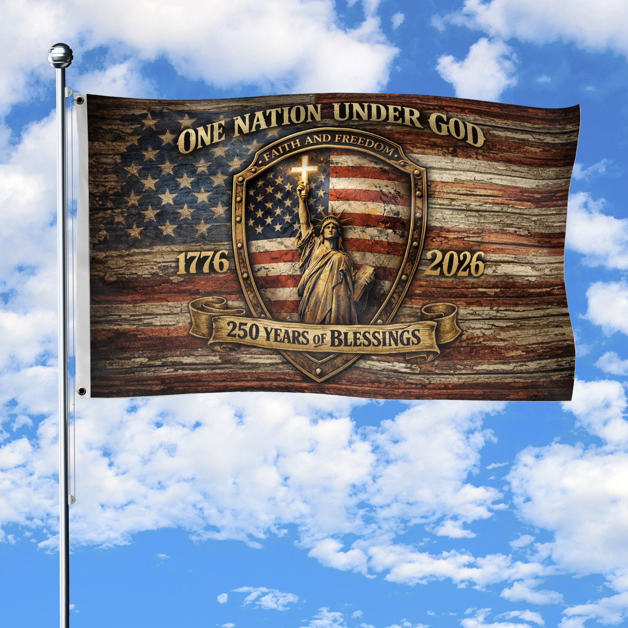 Christian Statue of Liberty House Flag One Nation Under God 250th USA Anniversary