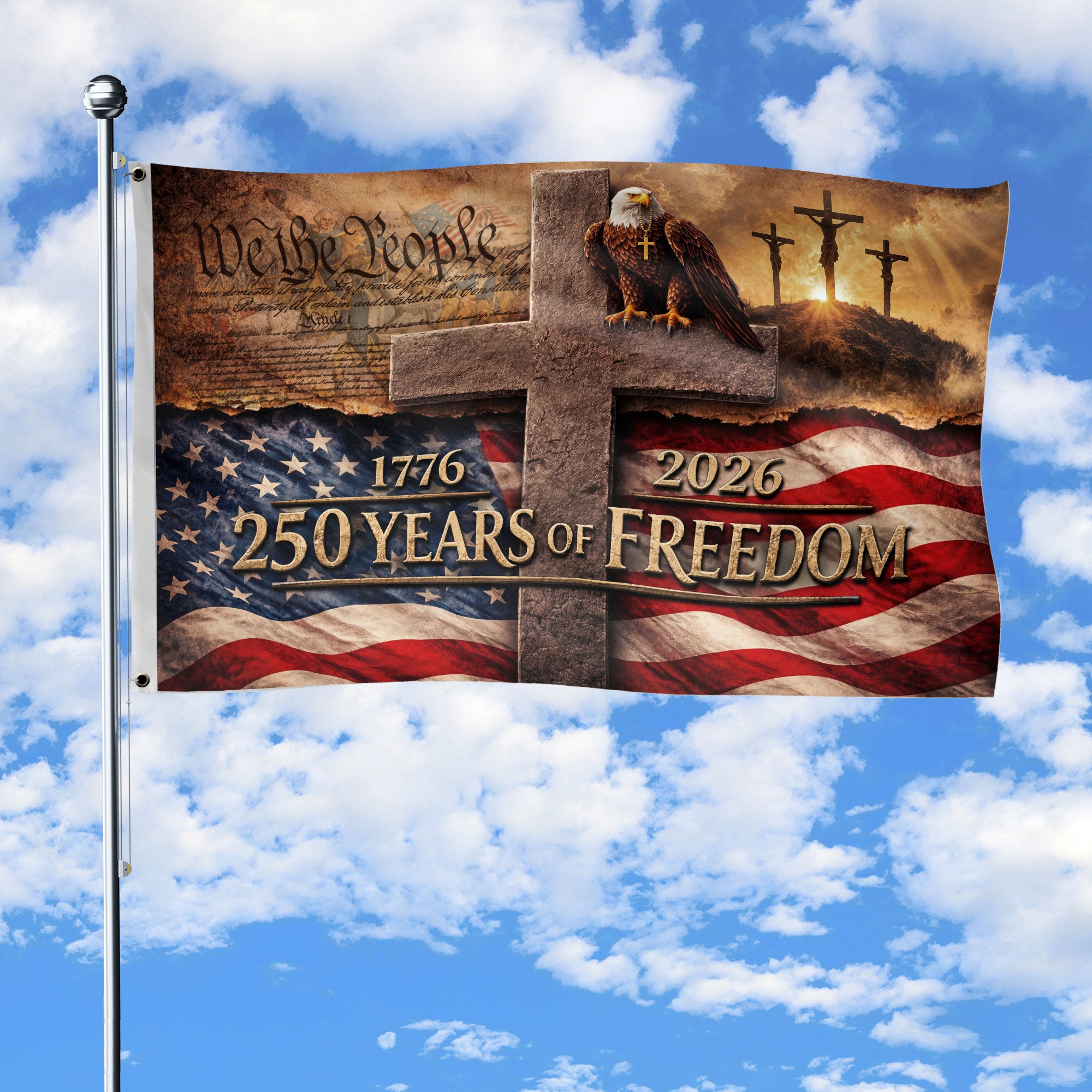 Christian We The People 250th Anniversary USA House Flag Cross Eagle 1776-2026
