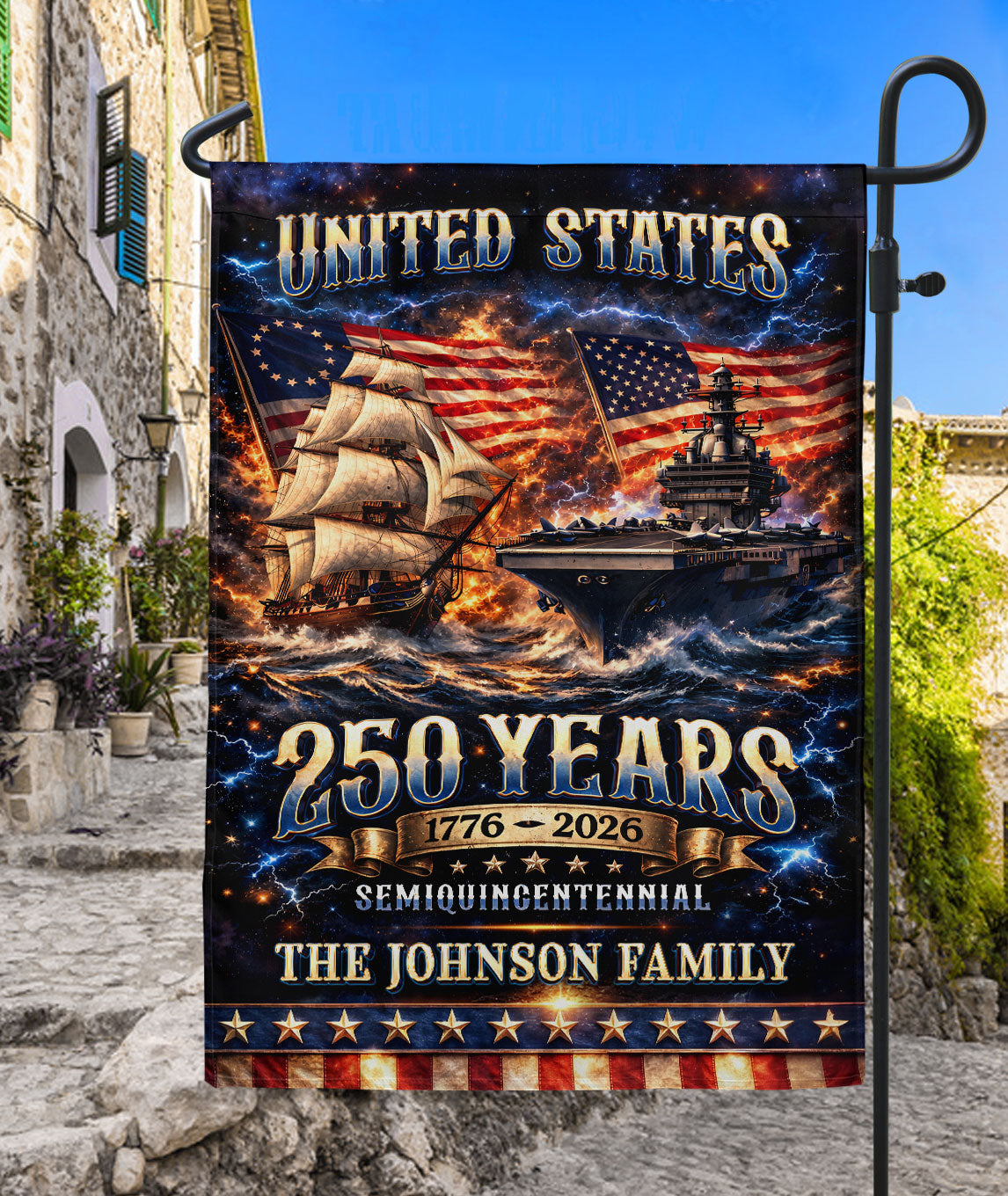 Custom Family Name 250th Anniversary Garden Flag Navy Ship 1776-2026