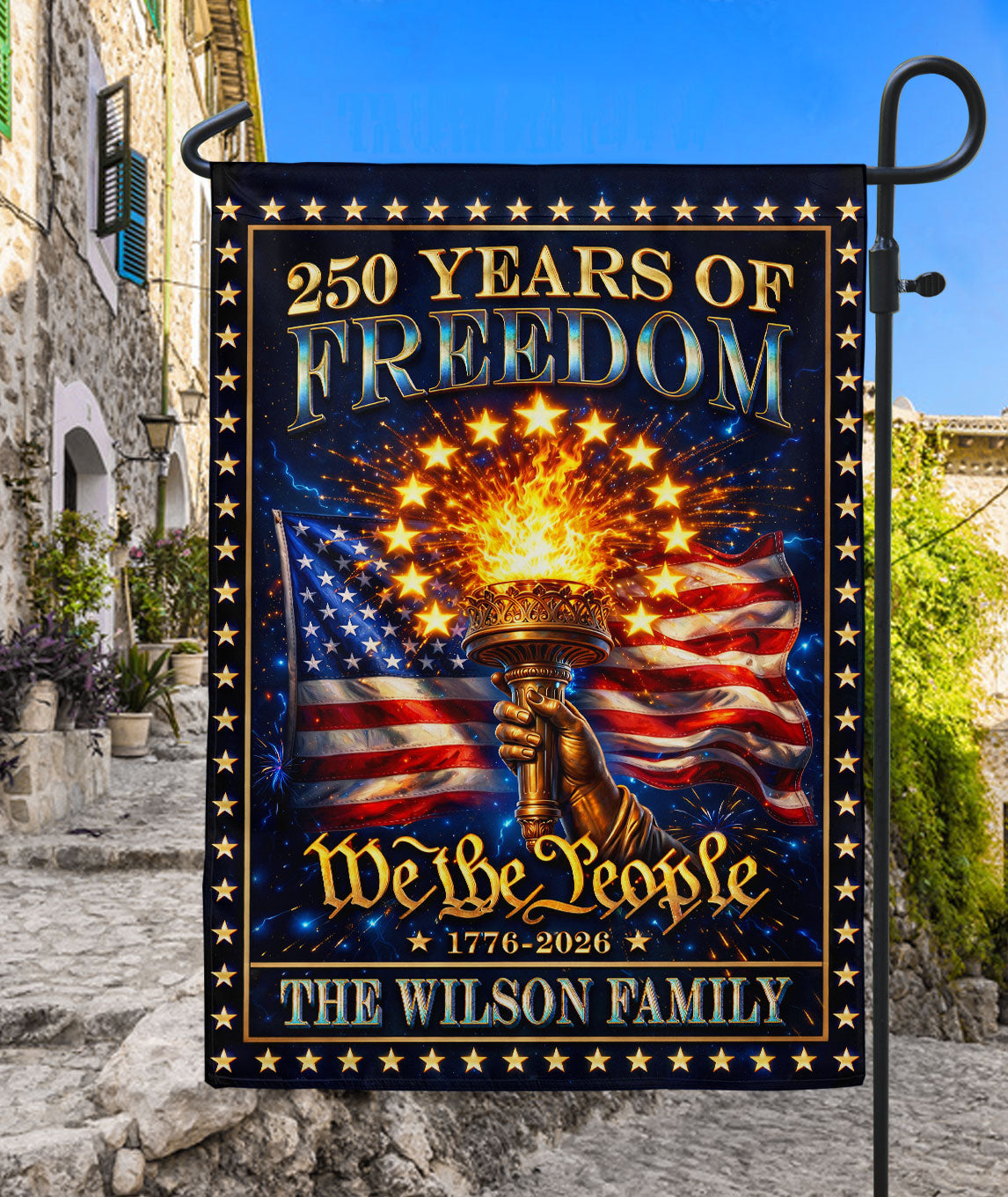 Custom Family Name Patriotic Garden Flag 250 Years Freedom 1776-2026 Torch Statue Liberty