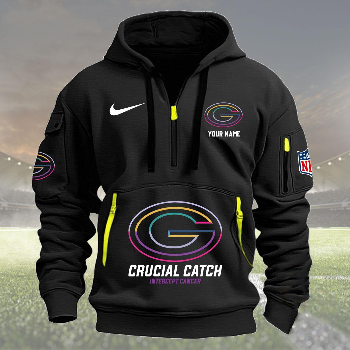 Custom NFL Green Bay Packers Football Quarter Zip Hoodie Crucial Catch Intercept Cancer