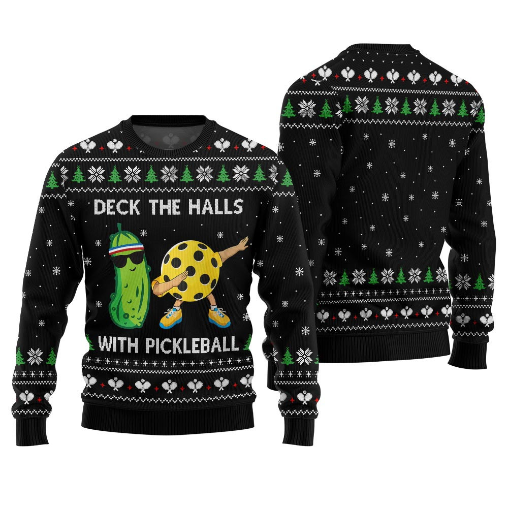 Deck The Halls With Pickleball Ugly Christmas Sweater Black