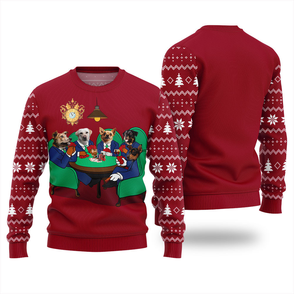 Dogs Playing Poker Christmas Ugly Sweater Red
