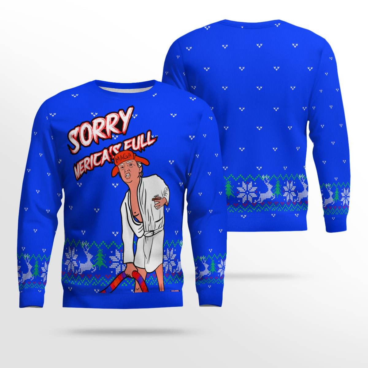 Donald Sorry Mericas Full Ugly Christmas Sweater Blue