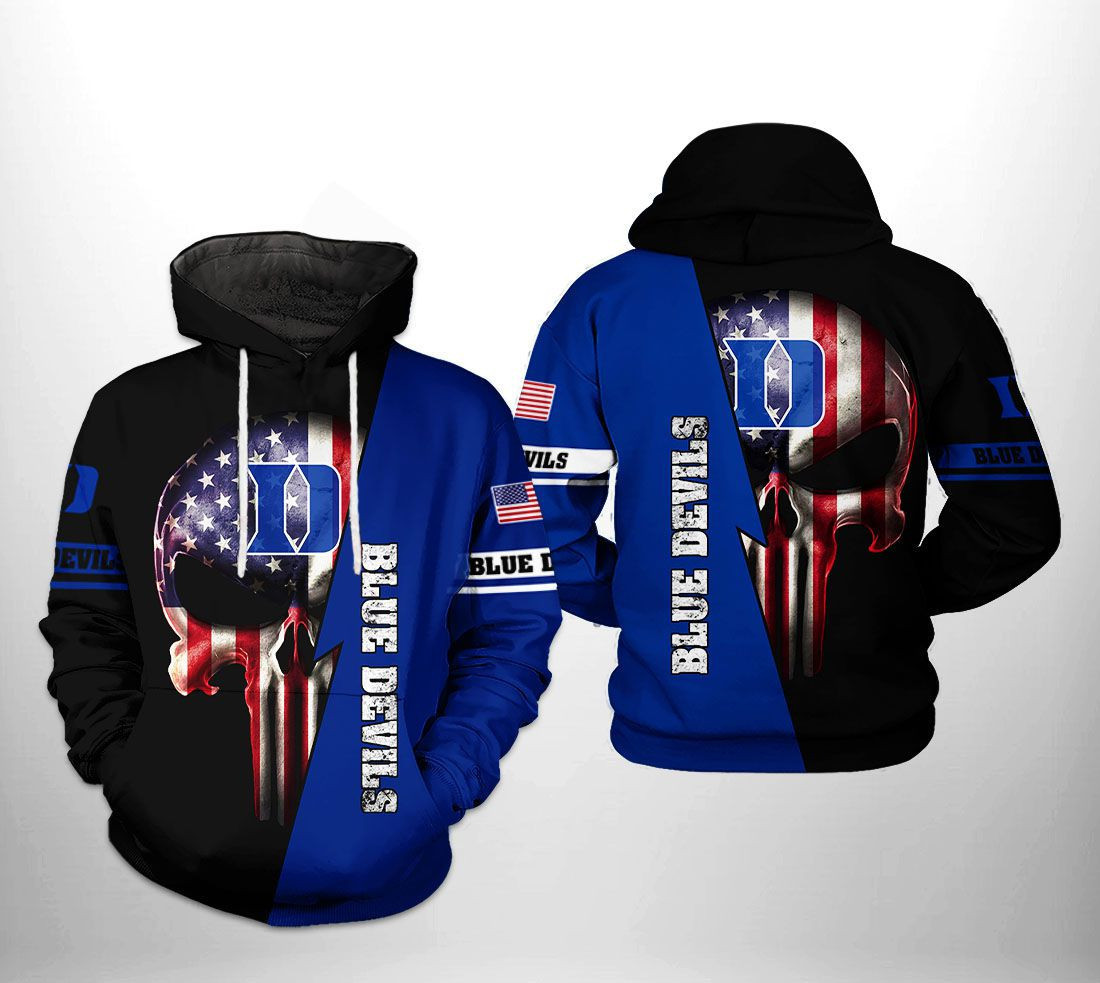 Duke Blue Devils NCAA US Flag Skull Hoodie Zip Hoodie
